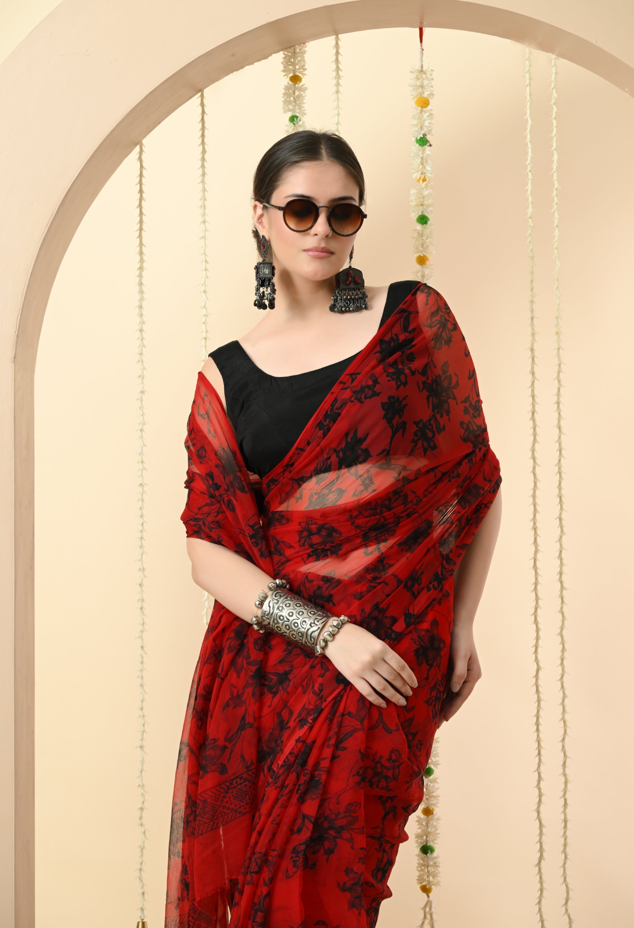Printed Red Chiffon Saree