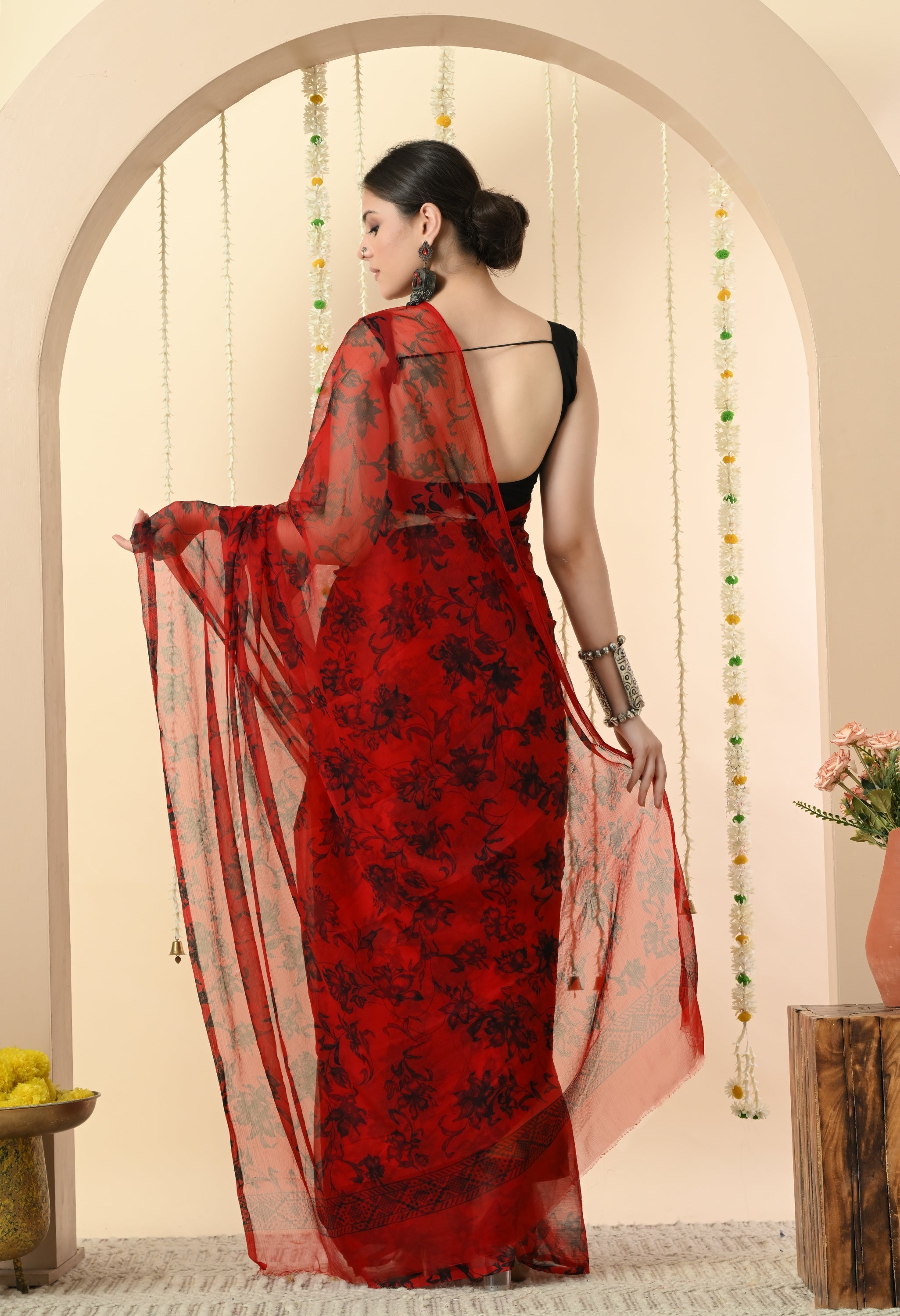 Printed Red Chiffon Saree