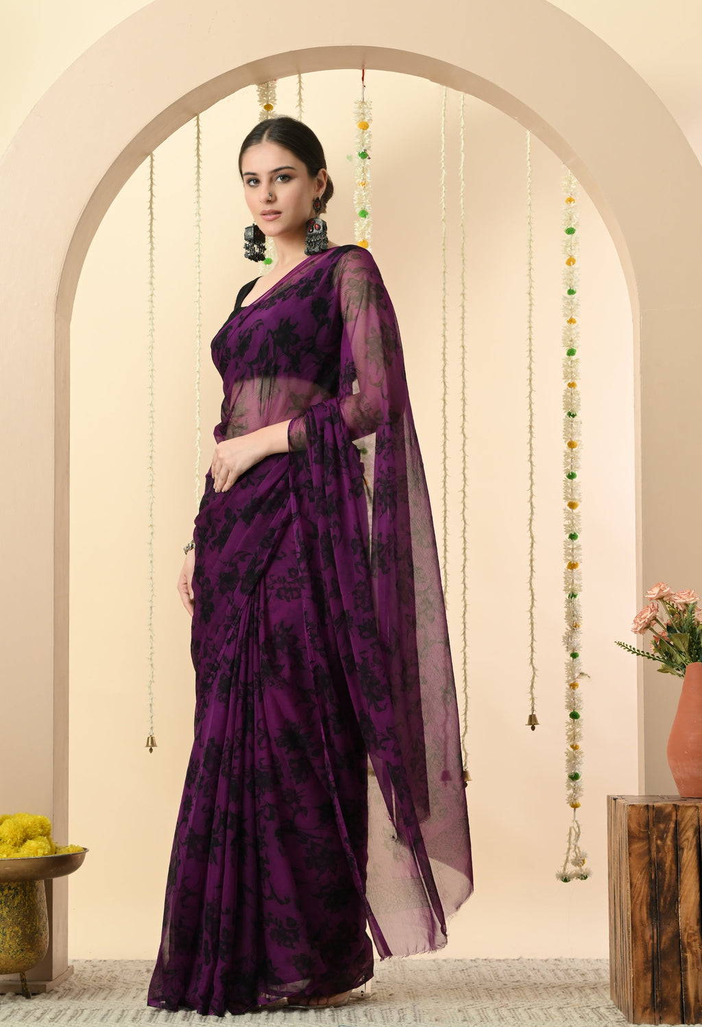Printed Purple Chiffon Saree