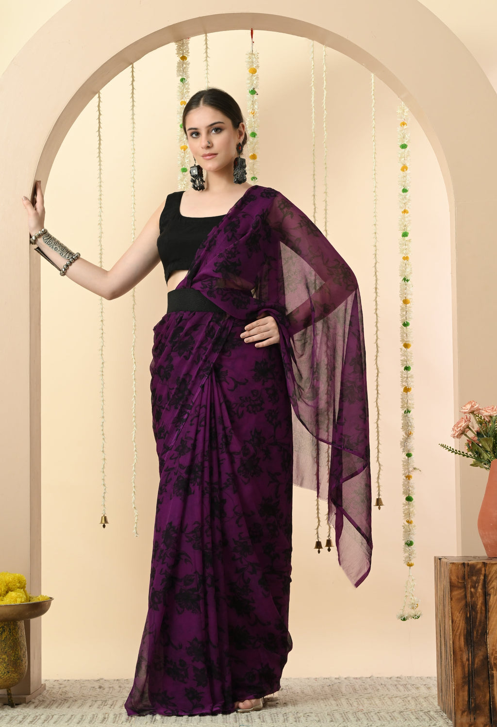 Printed Purple Chiffon Saree