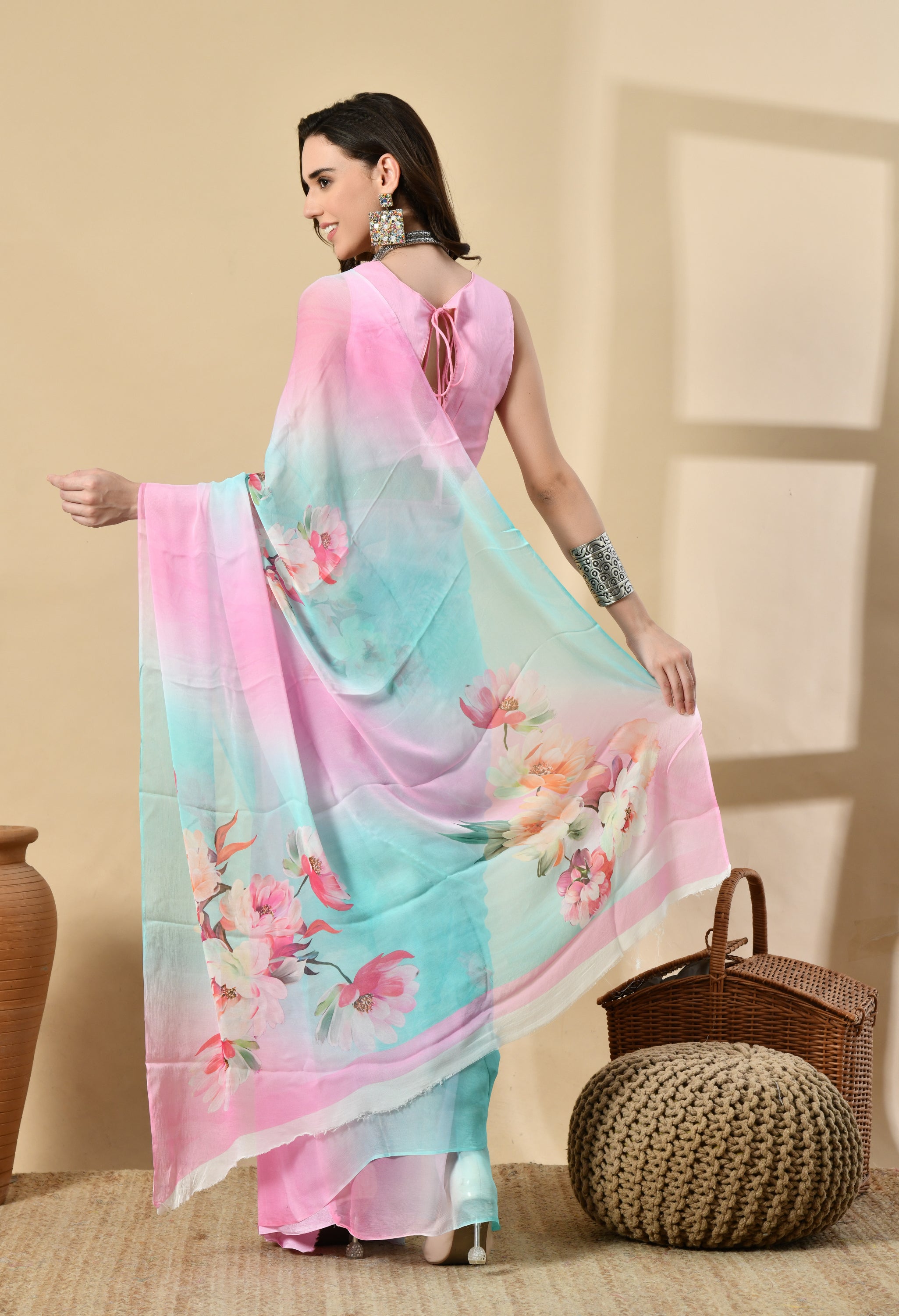 Icey Blue Printed Pure Chiffon Saree