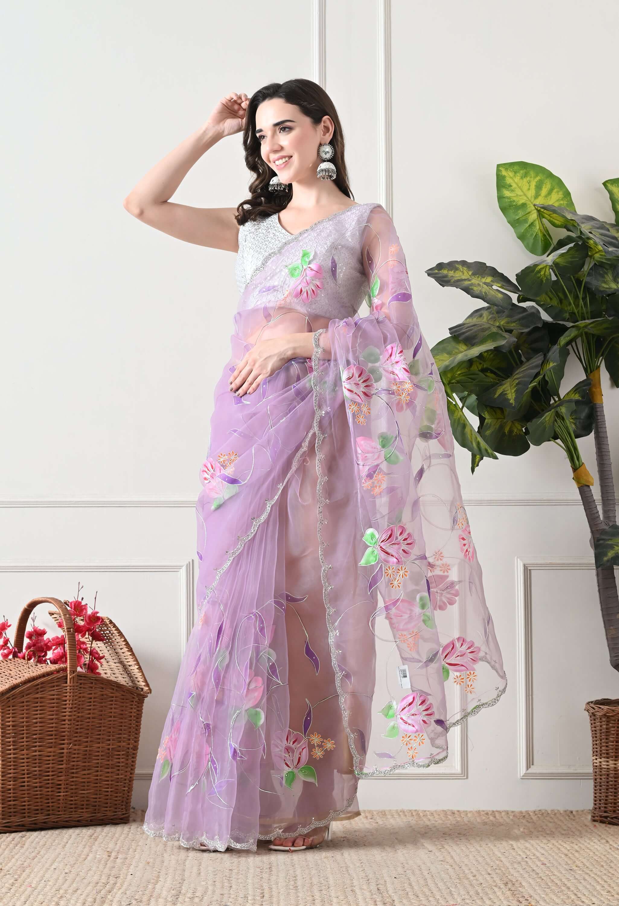 Hand Printed Lavender Organza Saree