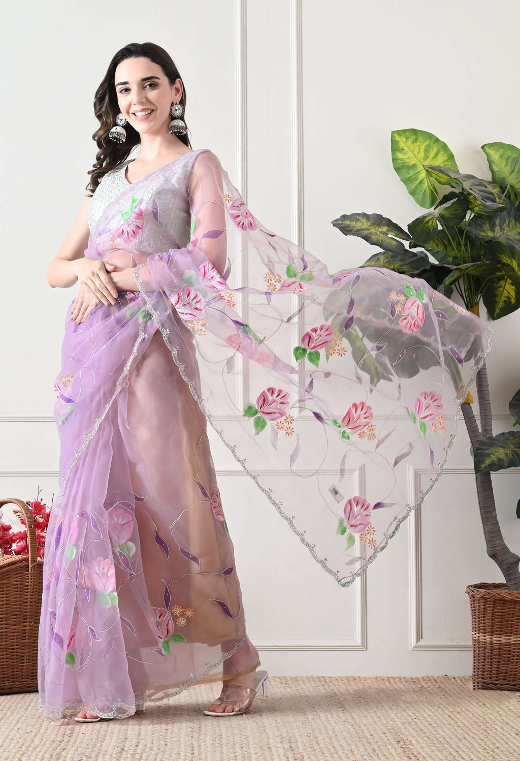 Hand Printed Lavender Organza Saree