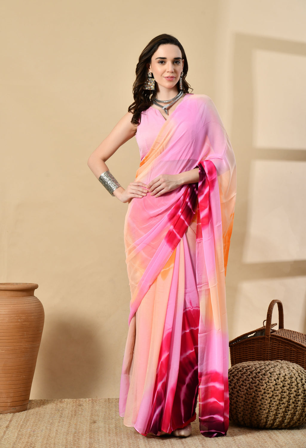 Flamingo Pink Shade Tie & Dye Pure Chiffon Saree