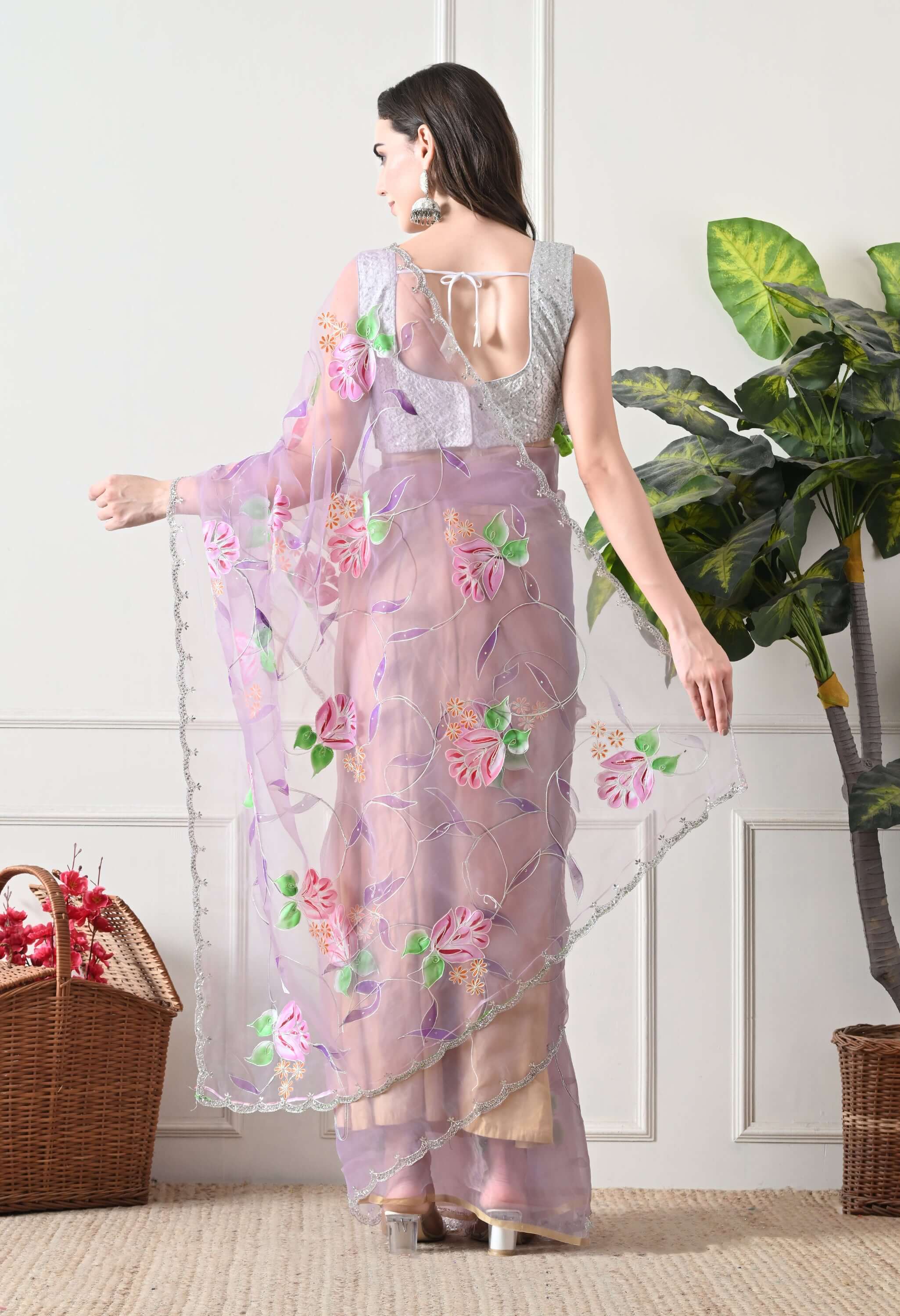 Hand Printed Lavender Organza Saree