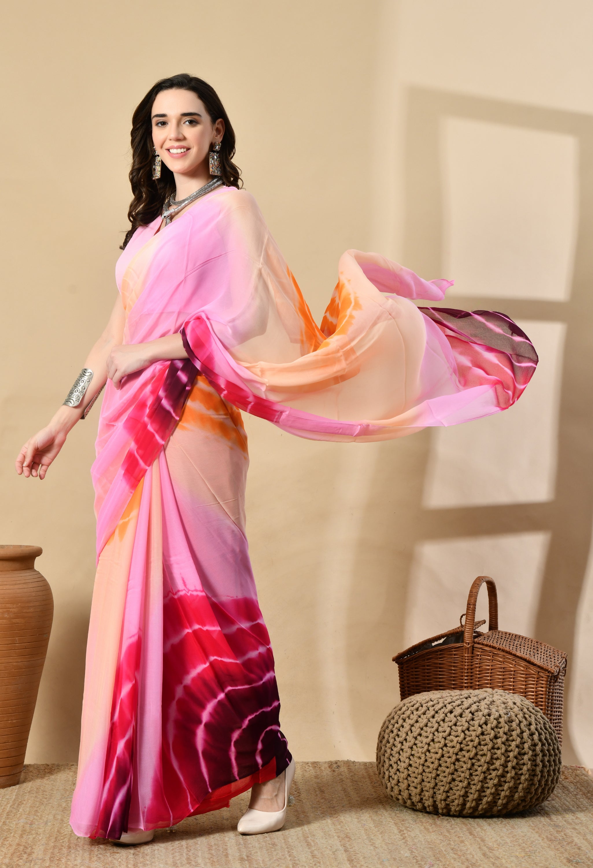 Flamingo Pink Shade Tie & Dye Pure Chiffon Saree