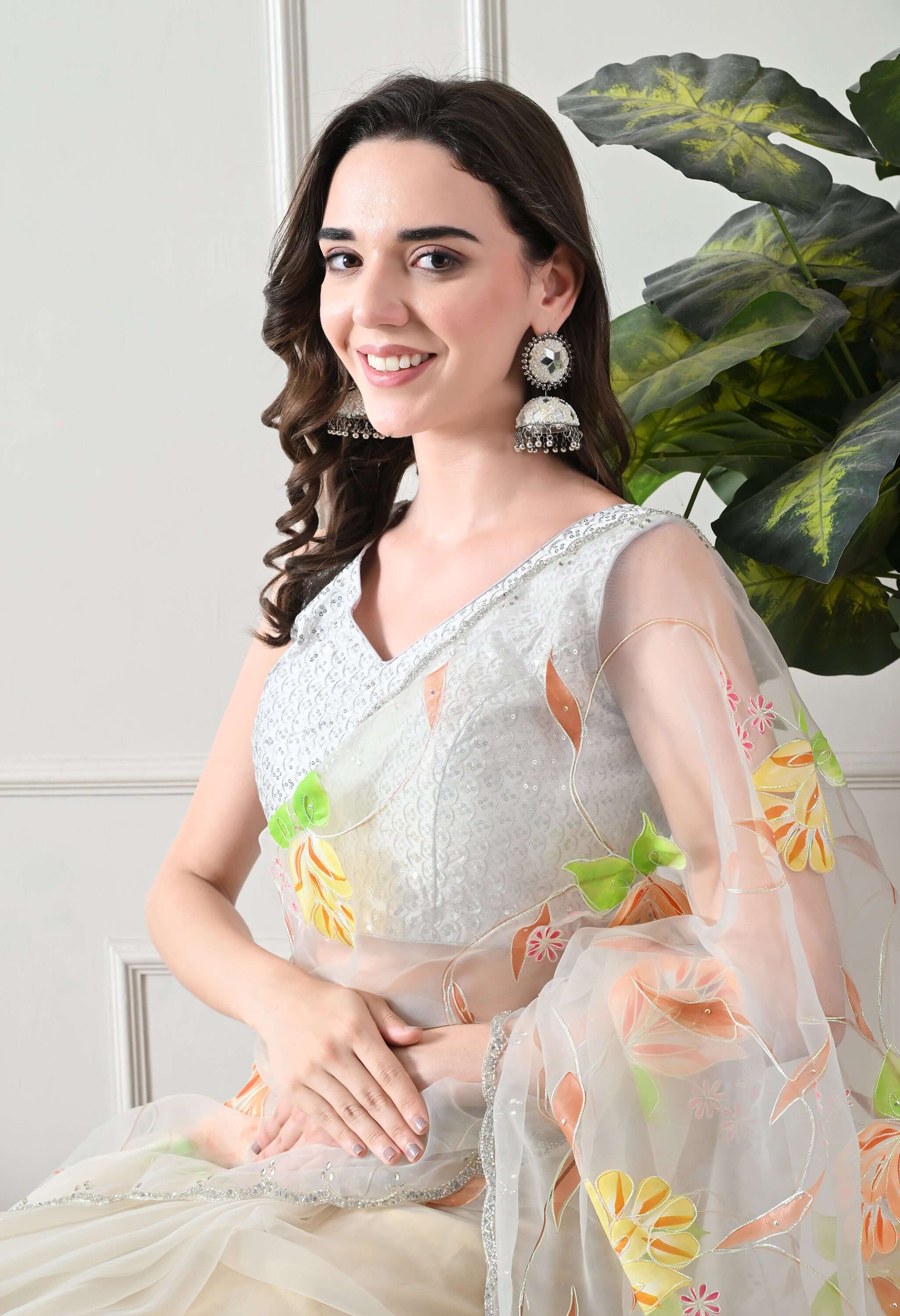 Hand Printed Off White Organza Saree