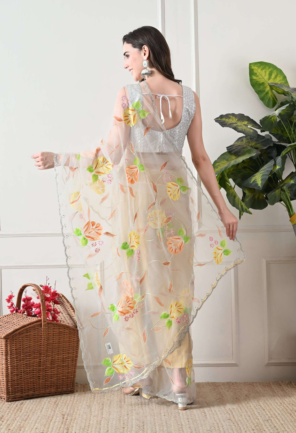 Hand Printed Off White Organza Saree