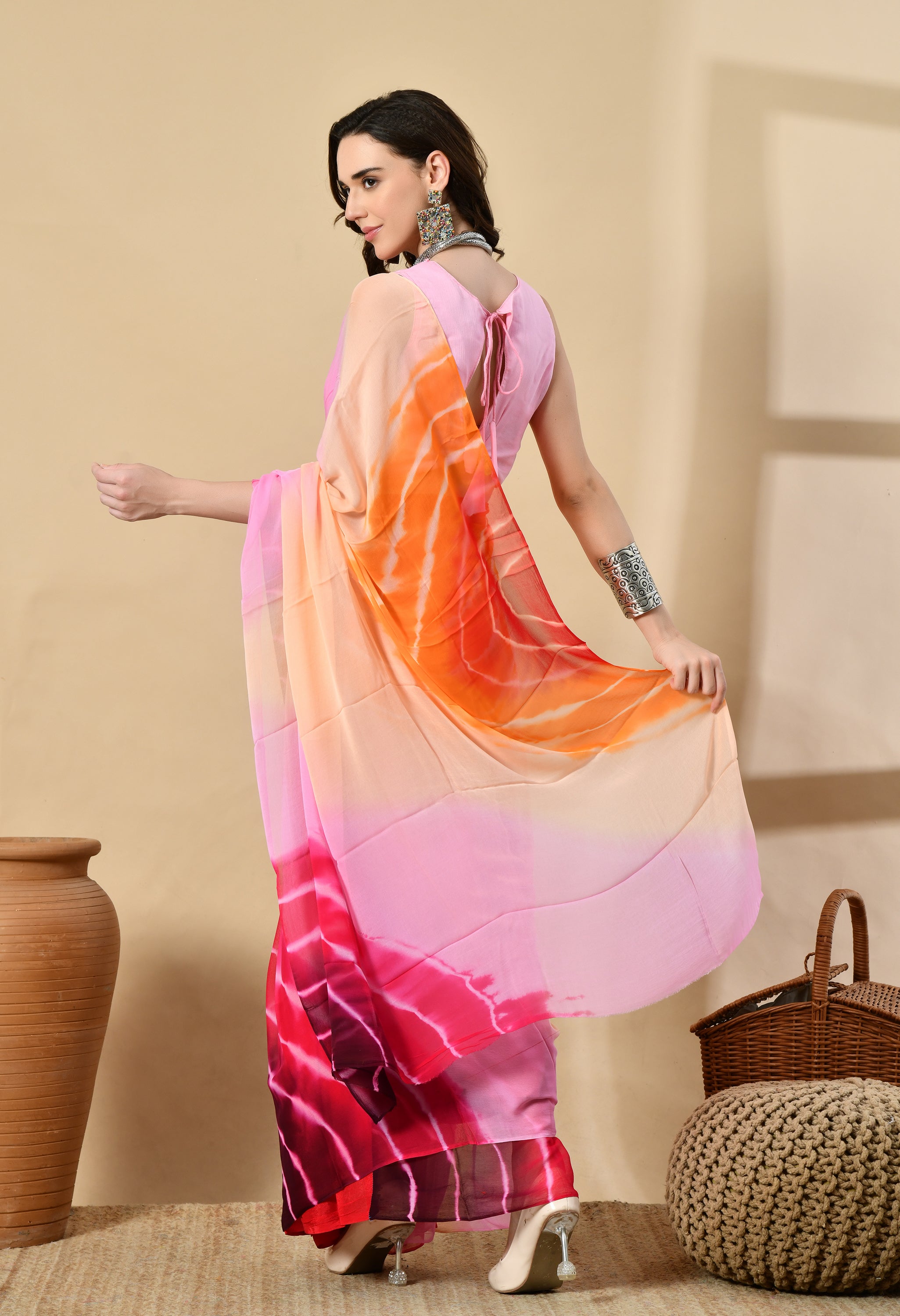 Flamingo Pink Shade Tie & Dye Pure Chiffon Saree