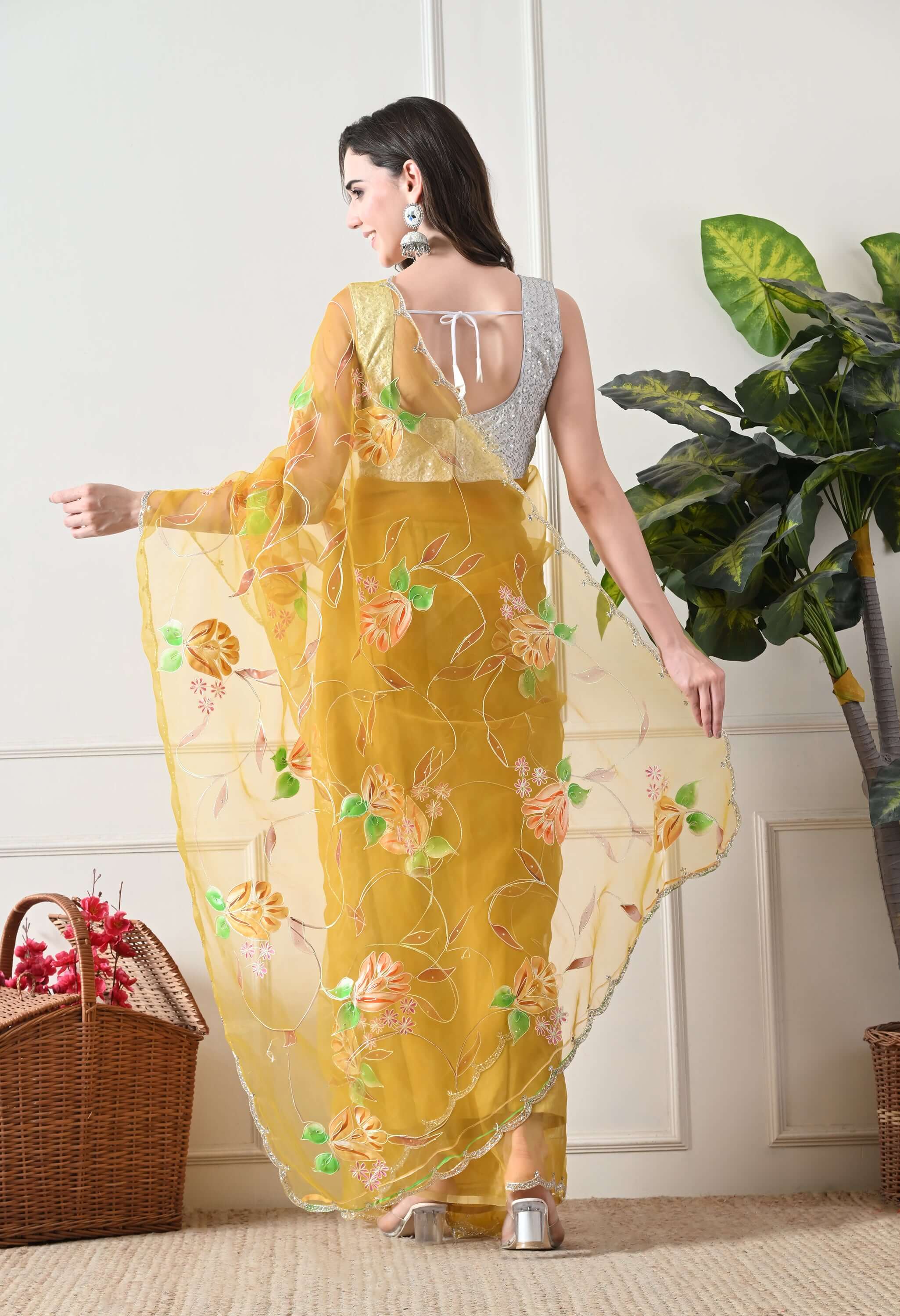 Hand Printed Yellow Organza Saree