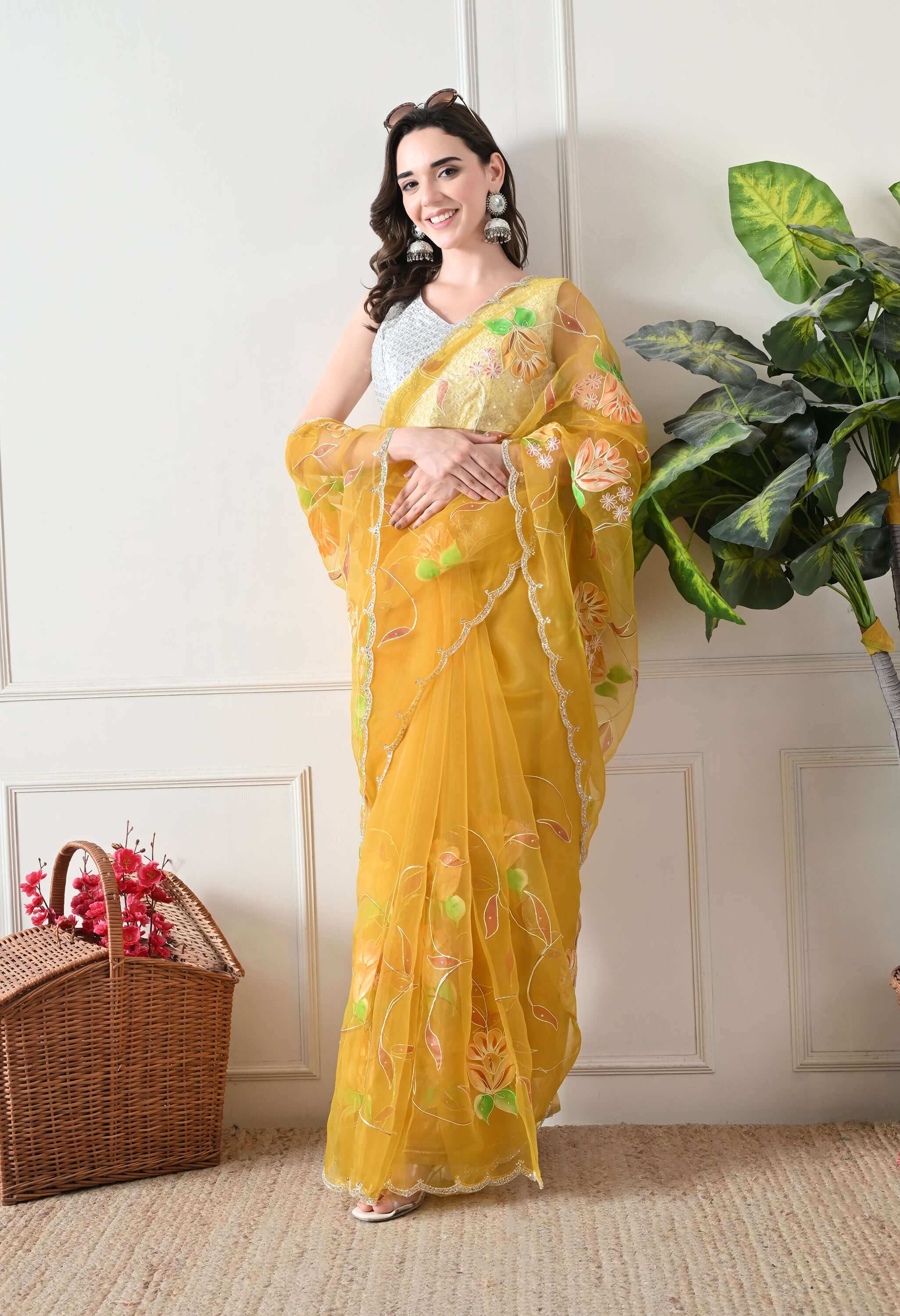 Hand Printed Yellow Organza Saree