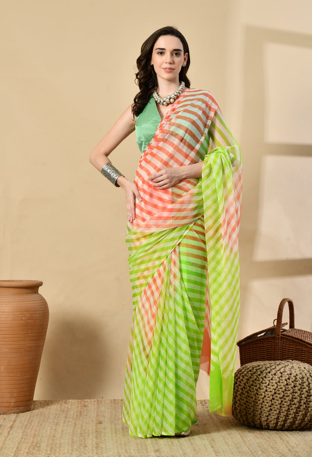 Lime Green Tie & Dye Leheriya Chiffon Saree