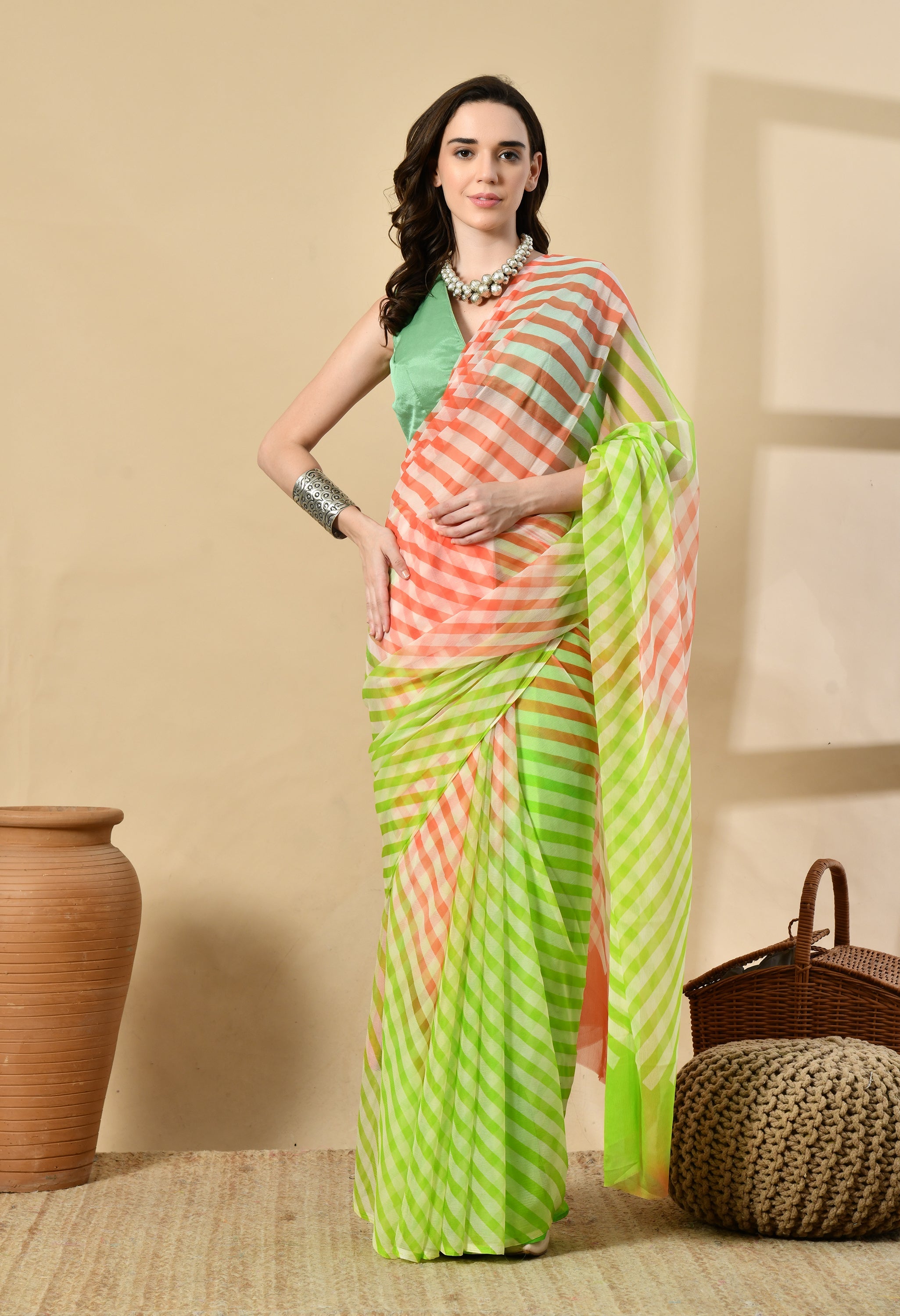 Lime Green Tie & Dye Leheriya Chiffon Saree