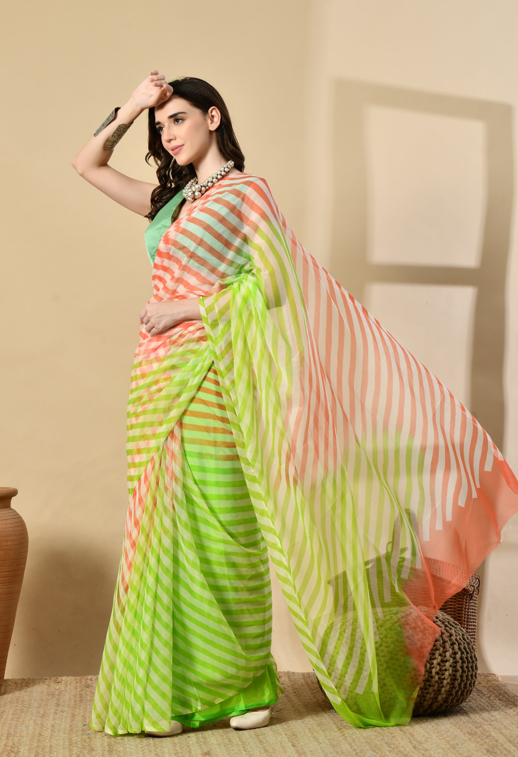 Lime Green Tie & Dye Leheriya Chiffon Saree