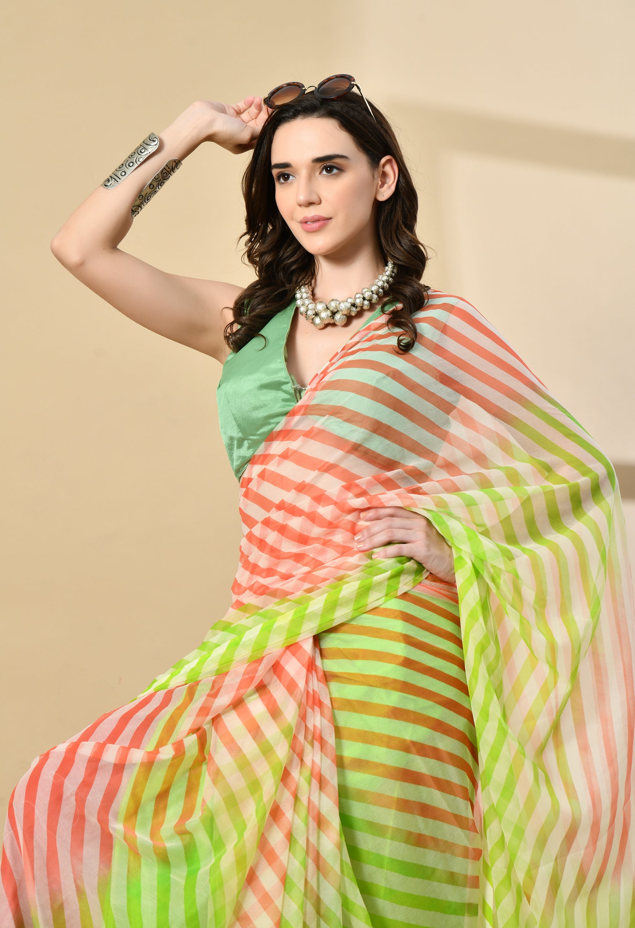 Lime Green Tie & Dye Leheriya Chiffon Saree