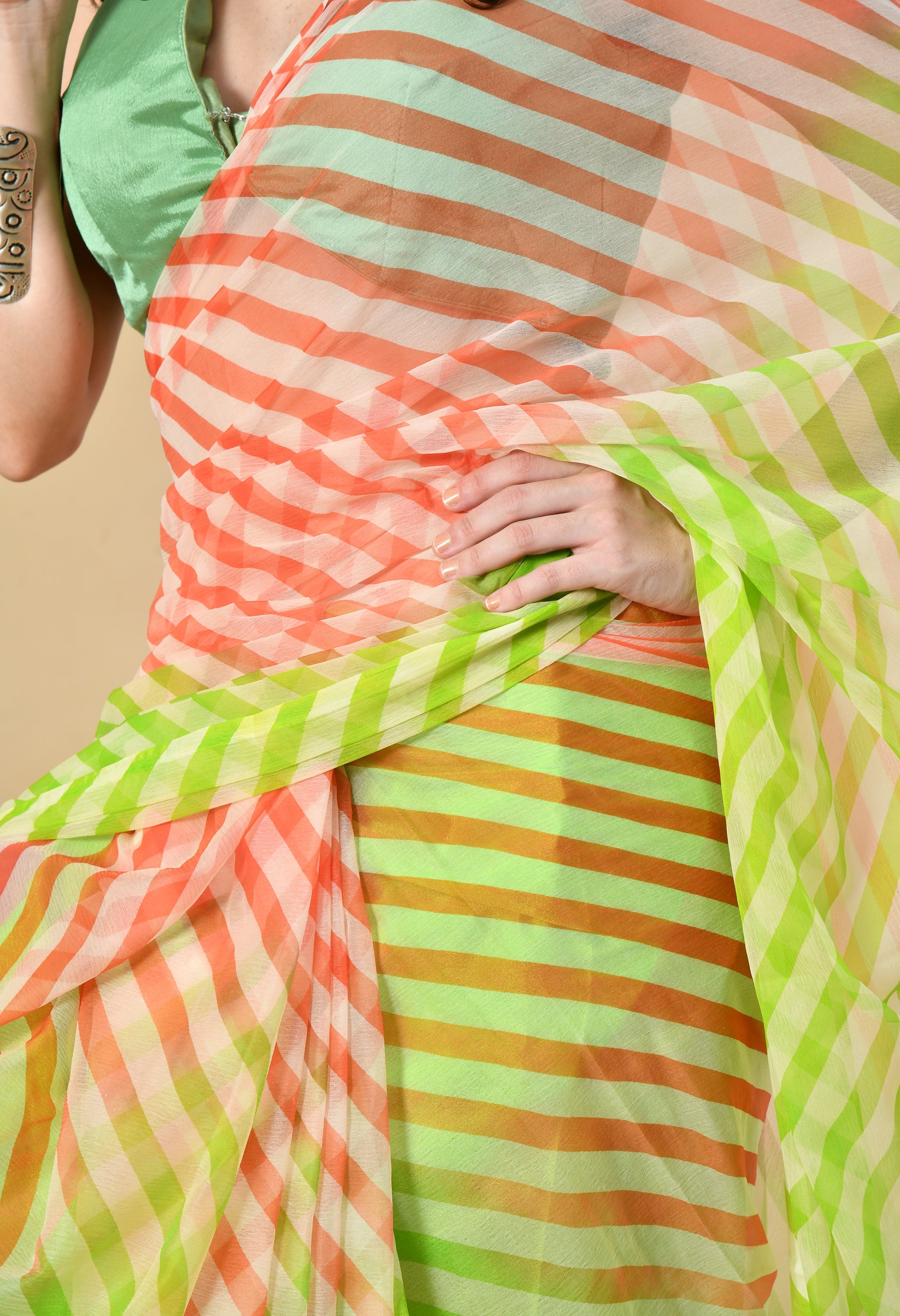 Lime Green Tie & Dye Leheriya Chiffon Saree