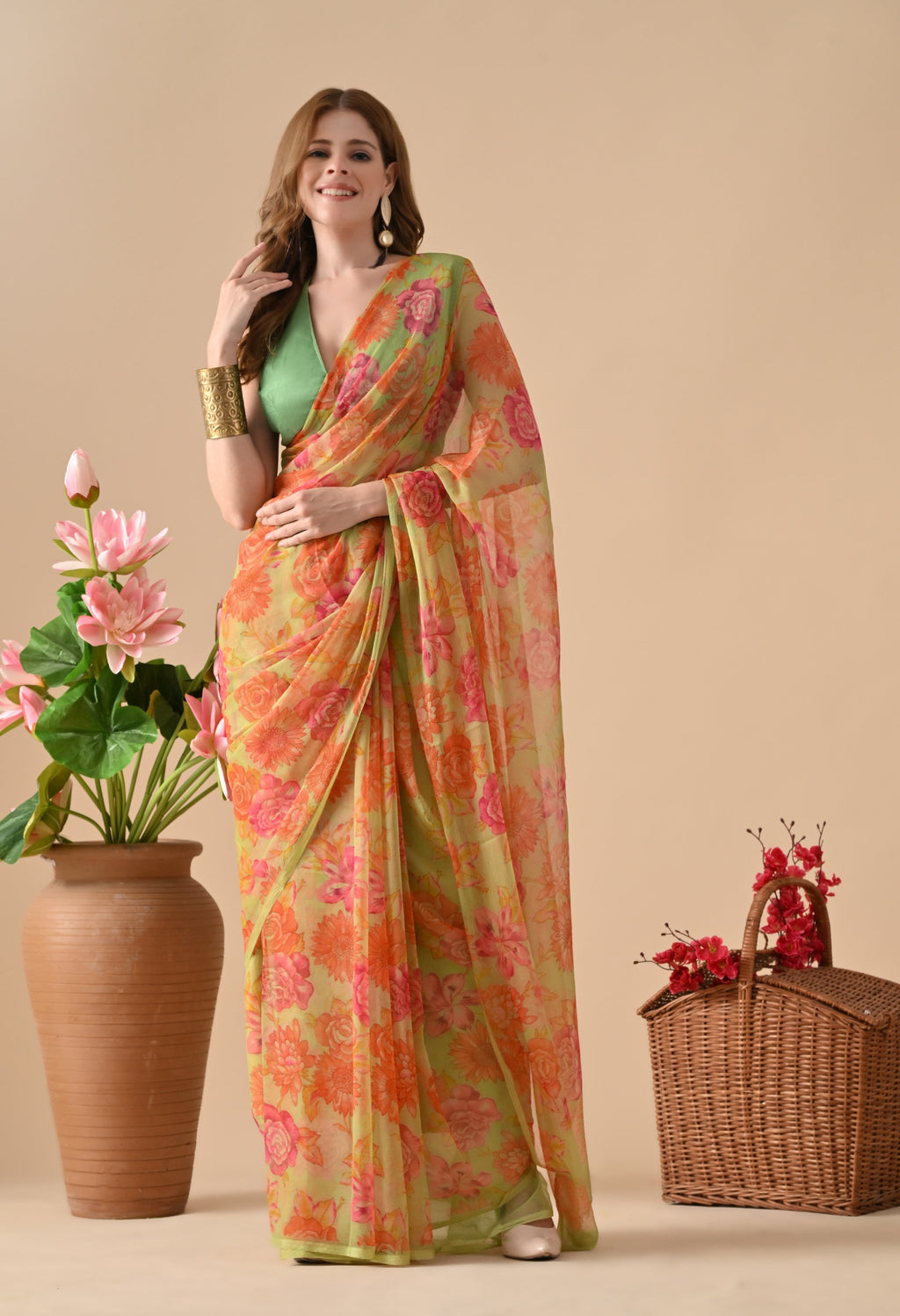 Buff Sunlight Floral Printed Chiffon Saree