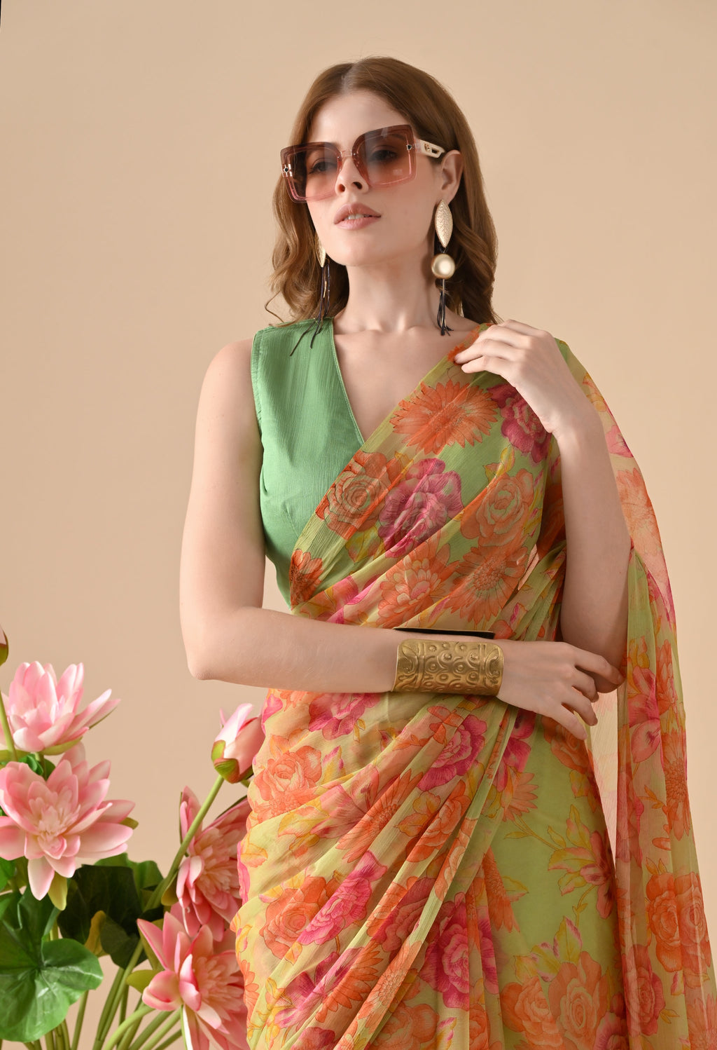 Buff Sunlight Floral Printed Chiffon Saree