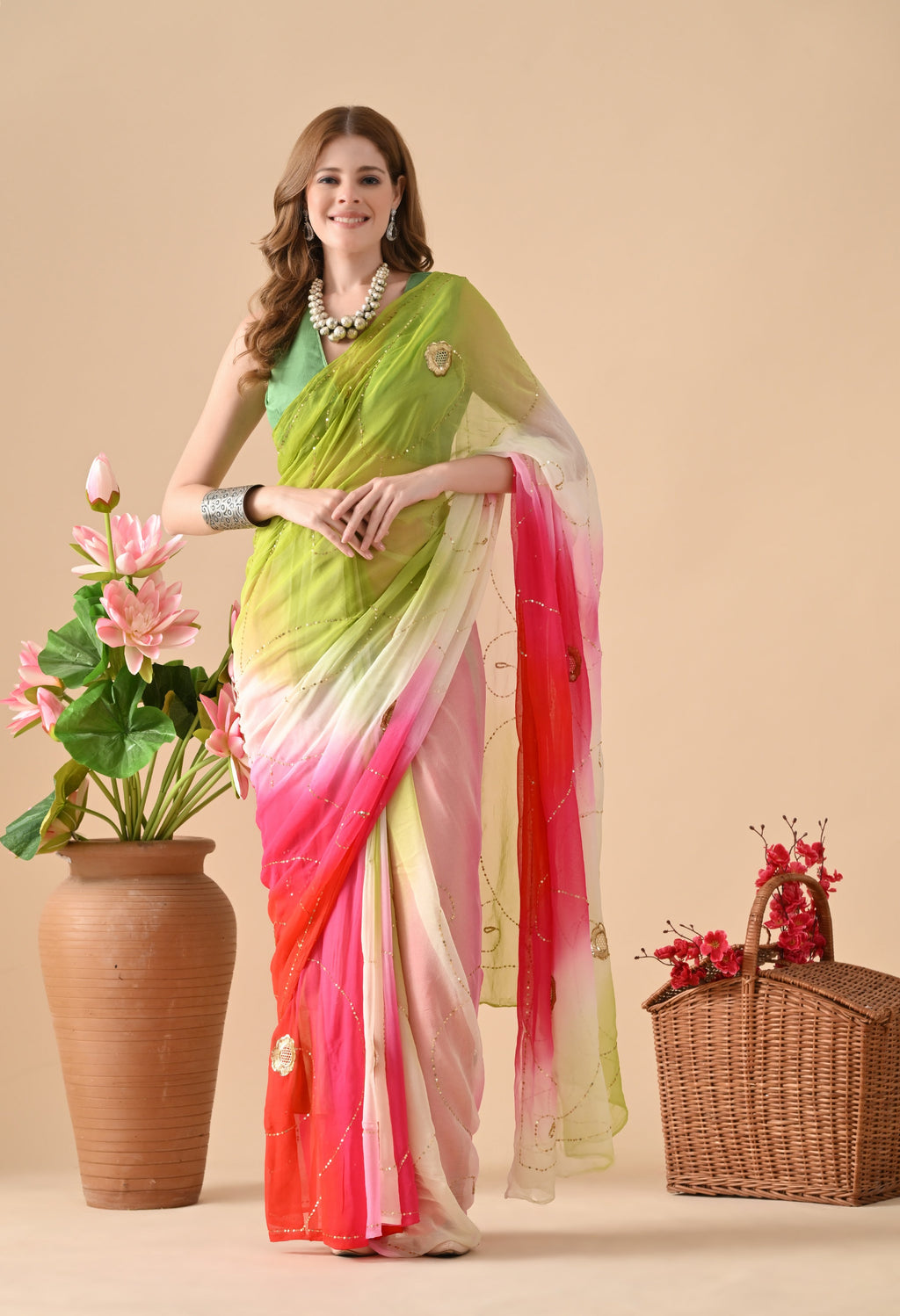 Electric Lime Rose Tie & Dye Diamond chiffon saree for festive wear, trousseau saree, suitable for farewell saree, daily wear saree, party wear saree looks.