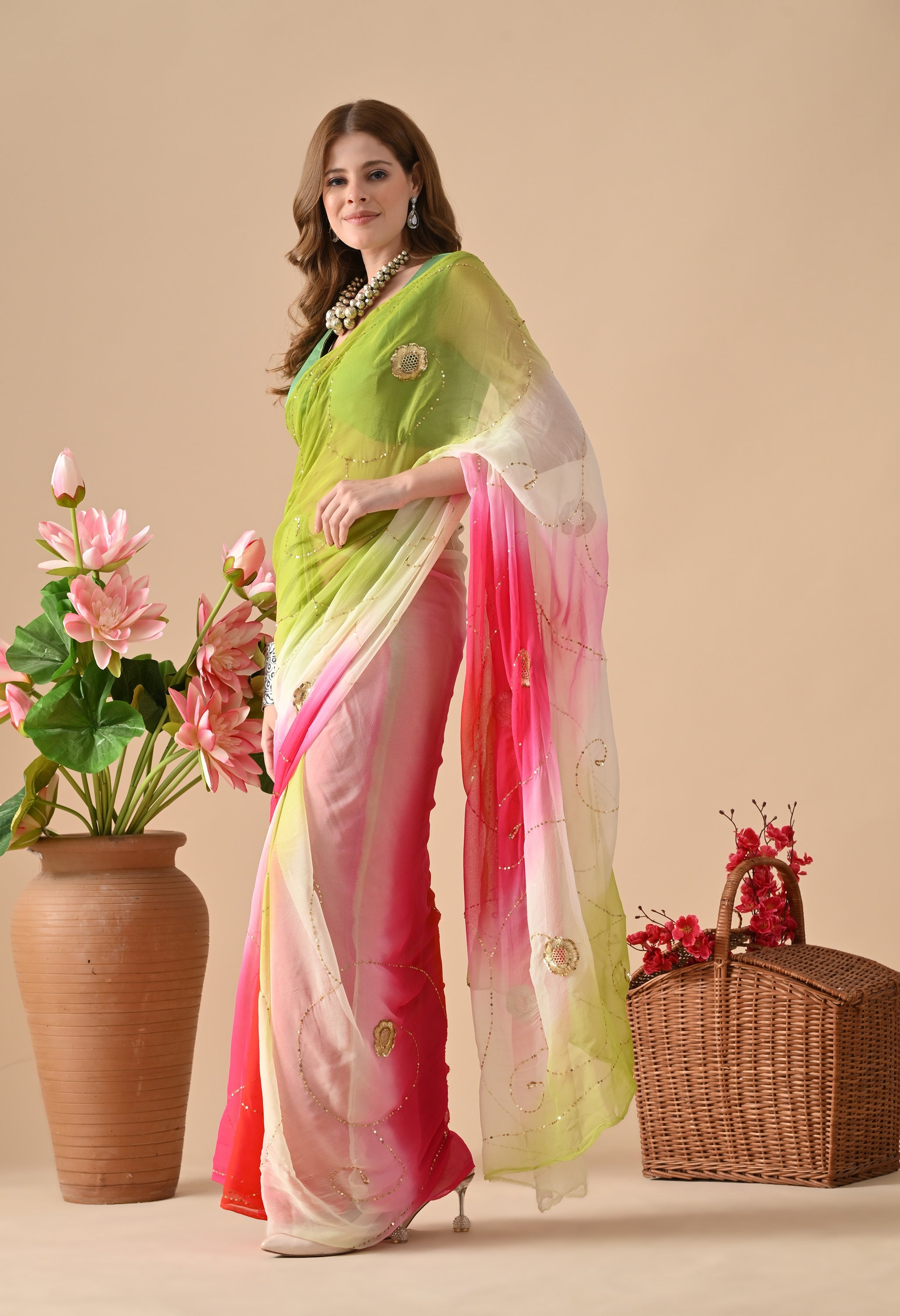 Electric Lime Rose Tie & Dye Diamond chiffon saree for festive wear, trousseau saree, suitable for farewell saree, daily wear saree, party wear saree looks.