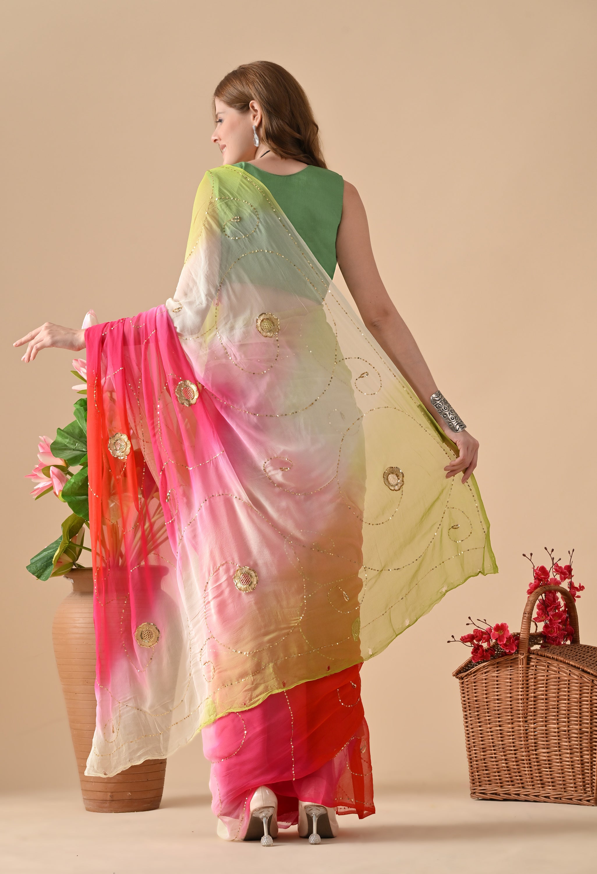 Electric Lime Rose Tie & Dye Diamond chiffon saree for festive wear, trousseau saree, suitable for farewell saree, daily wear saree, party wear saree looks.