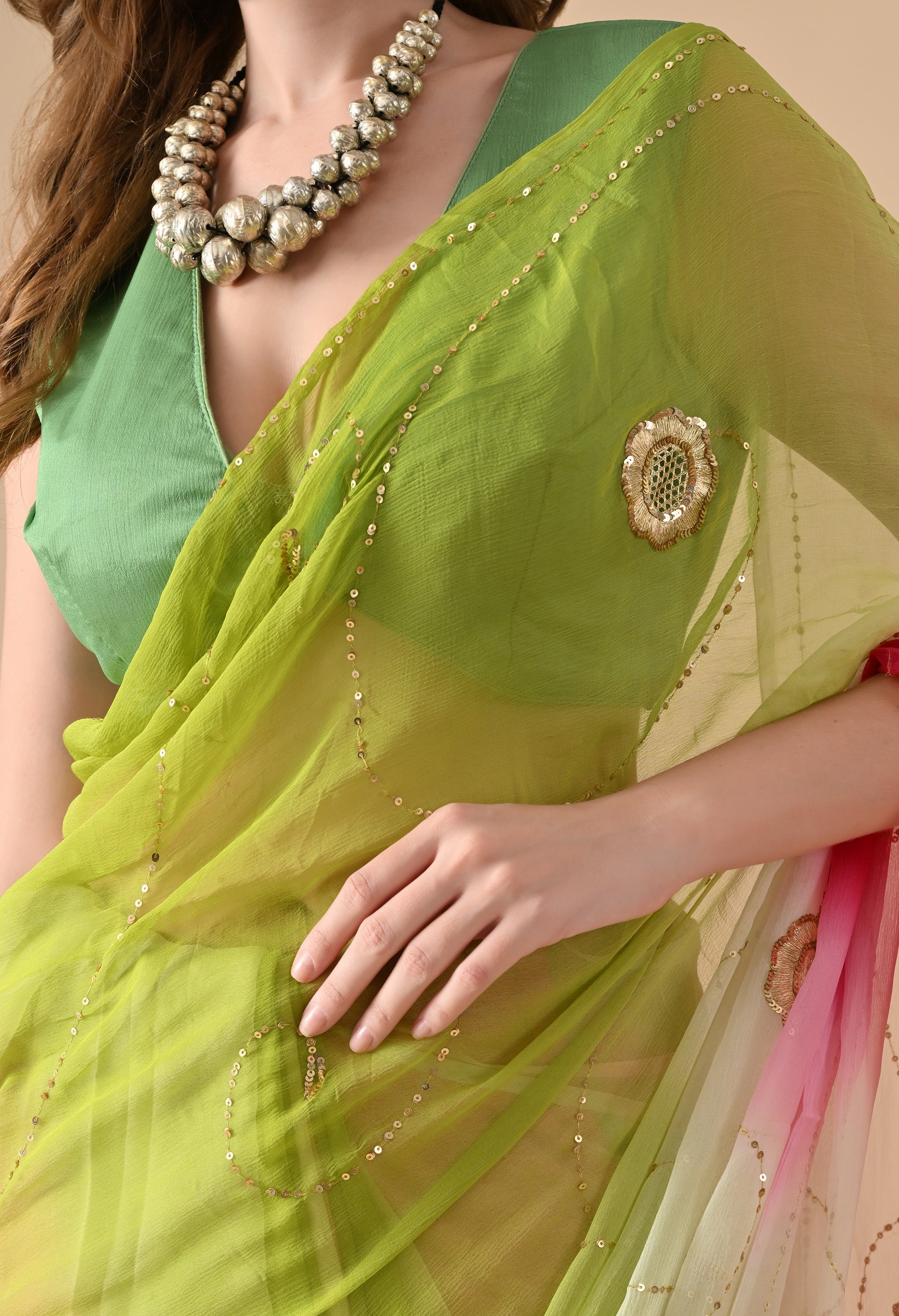 Electric Lime Rose Tie & Dye Diamond chiffon saree for festive wear, trousseau saree, suitable for farewell saree, daily wear saree, party wear saree looks.