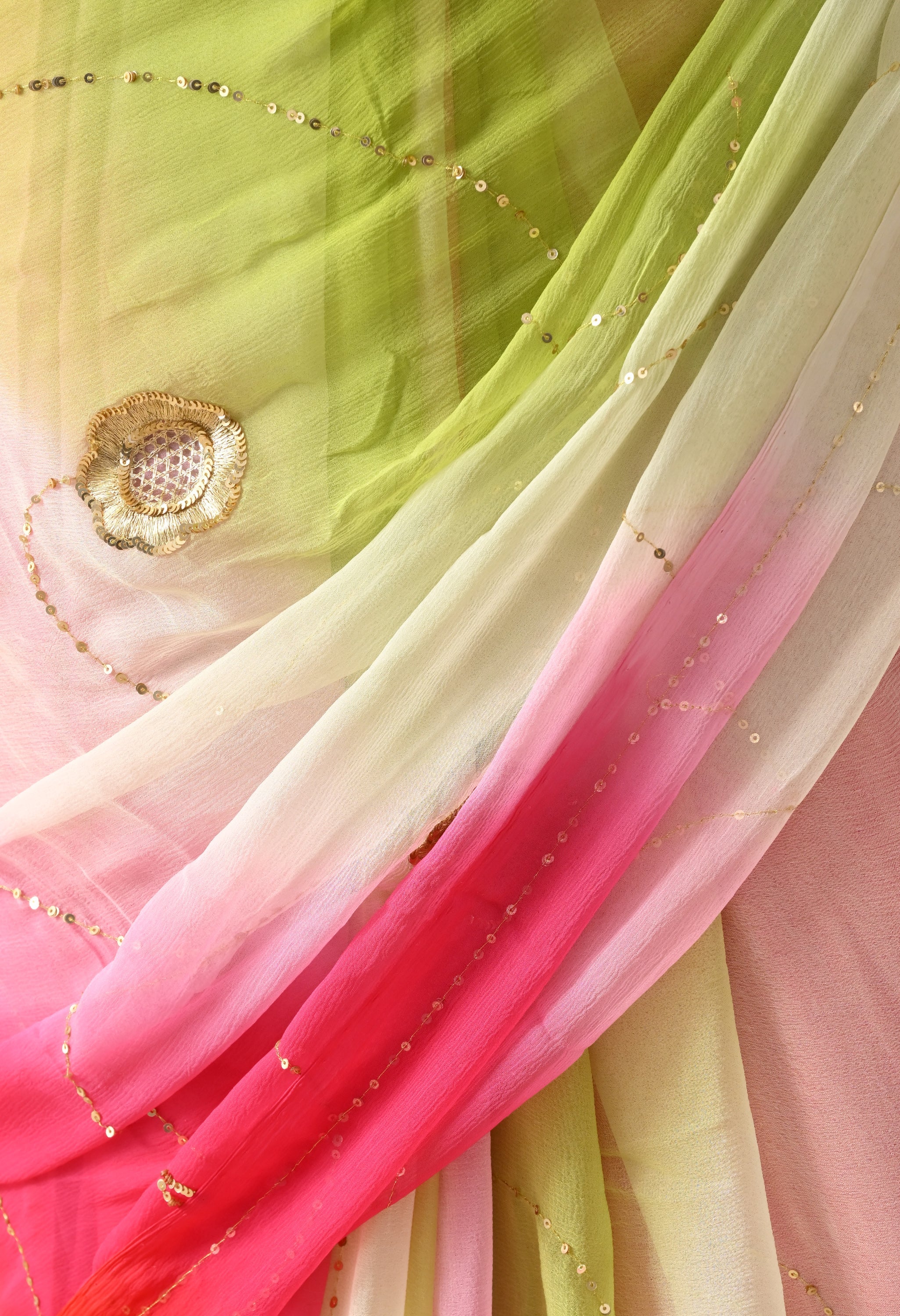 Electric Lime Rose Tie & Dye Diamond Chiffon Saree