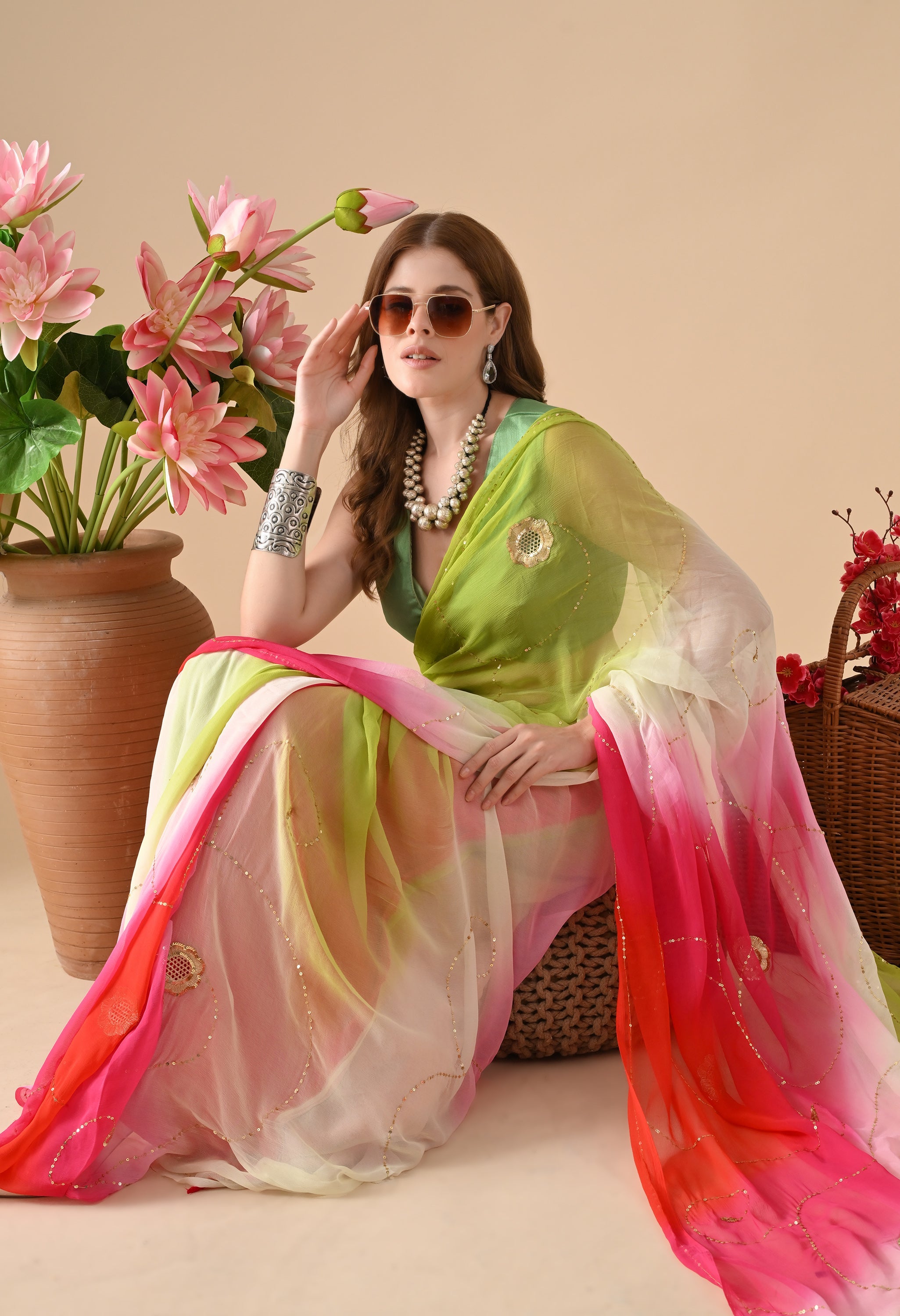 Electric Lime Rose Tie & Dye Diamond chiffon saree for festive wear, trousseau saree, suitable for farewell saree, daily wear saree, party wear saree looks.