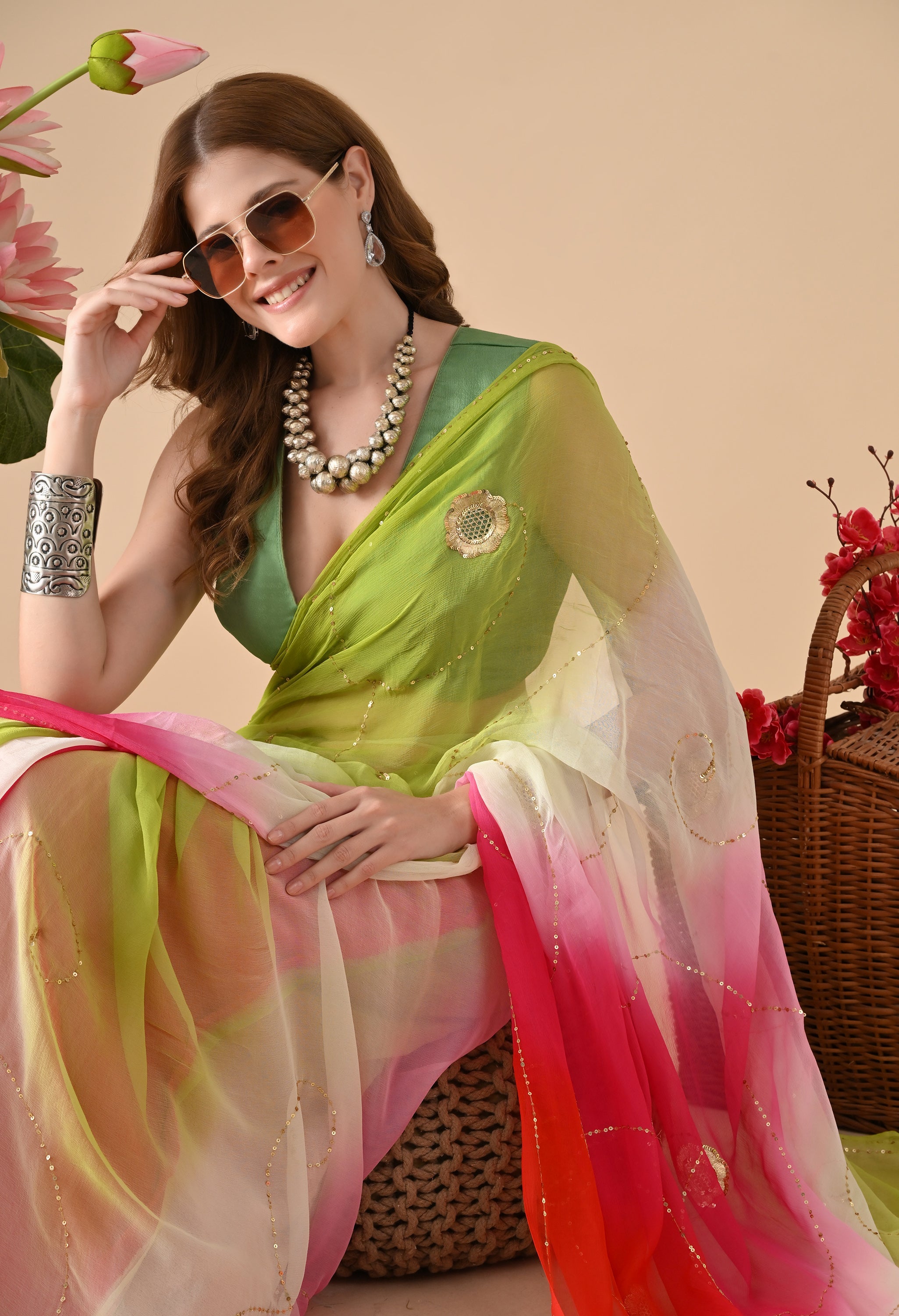 Electric Lime Rose Tie & Dye Diamond chiffon saree for festive wear, trousseau saree, suitable for farewell saree, daily wear saree, party wear saree looks.