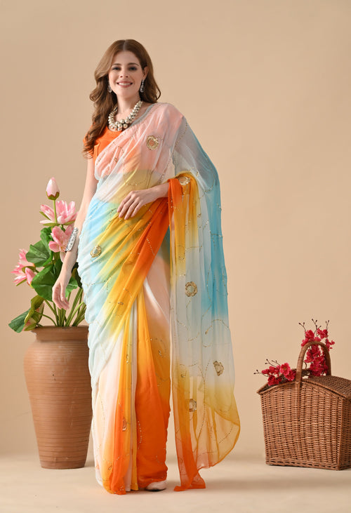 Blue Sun downer Tie & dye Sequin Diamond Chiffon saree for festive wear, trousseau saree, suitable for farewell saree, daily wear saree, party wear saree looks.