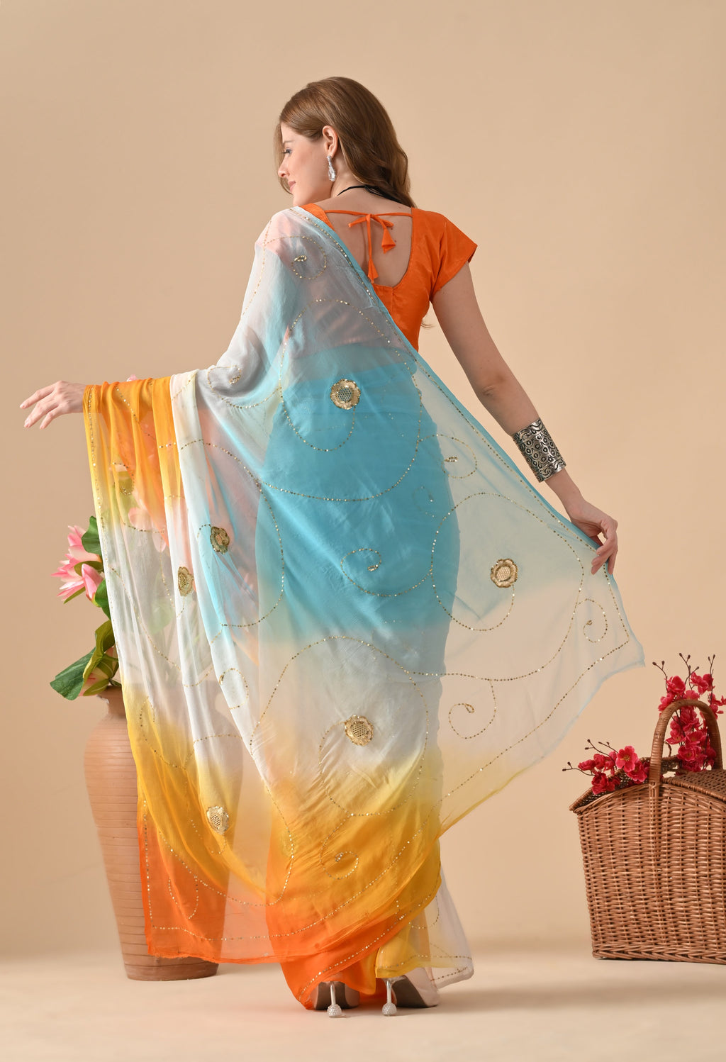 Blue Sun downer Tie & dye Sequin Diamond Chiffon saree for festive wear, trousseau saree, suitable for farewell saree, daily wear saree, party wear saree looks.