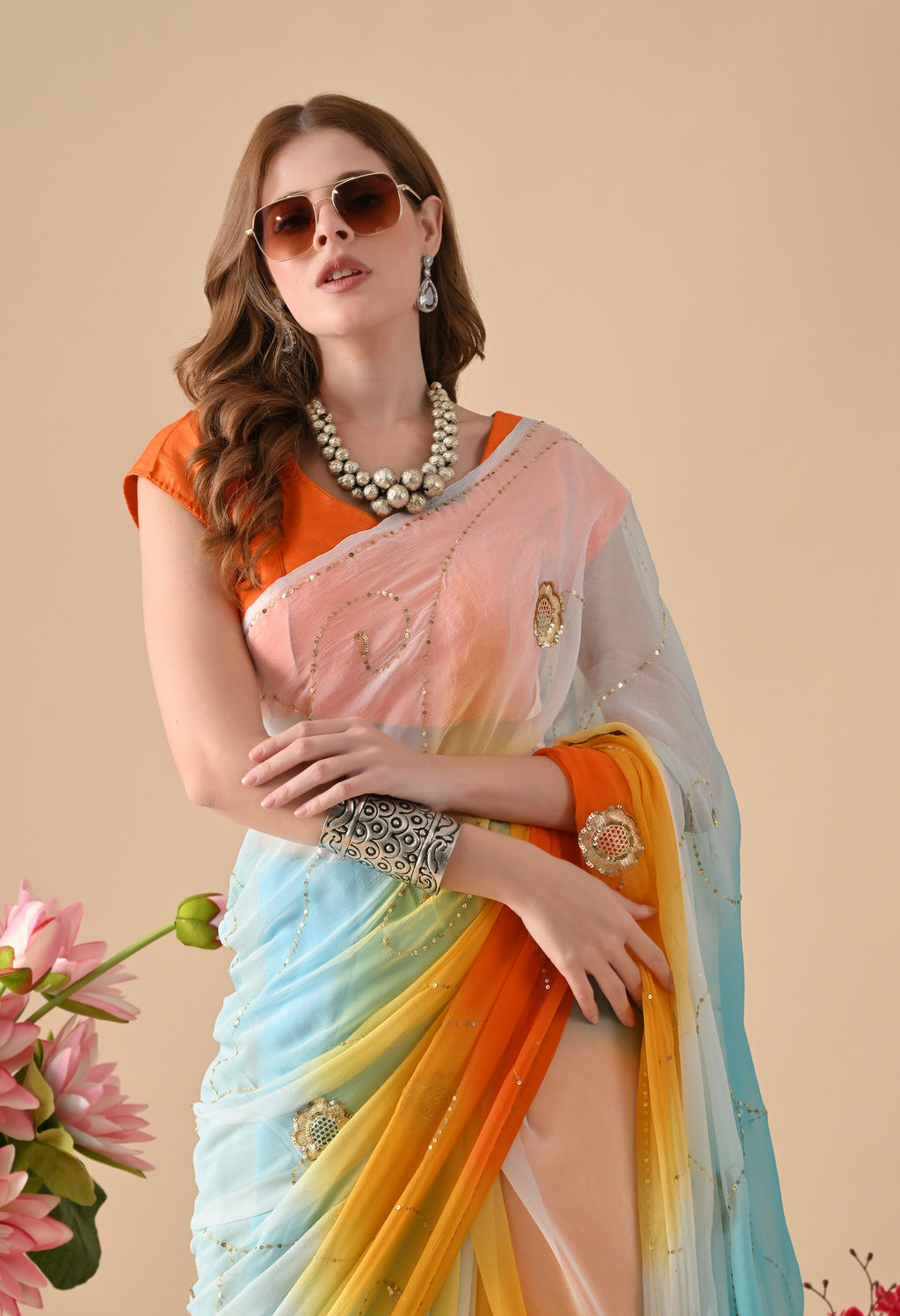 Blue Sun downer Tie & dye Sequin Diamond Chiffon saree for festive wear, trousseau saree, suitable for farewell saree, daily wear saree, party wear saree looks.