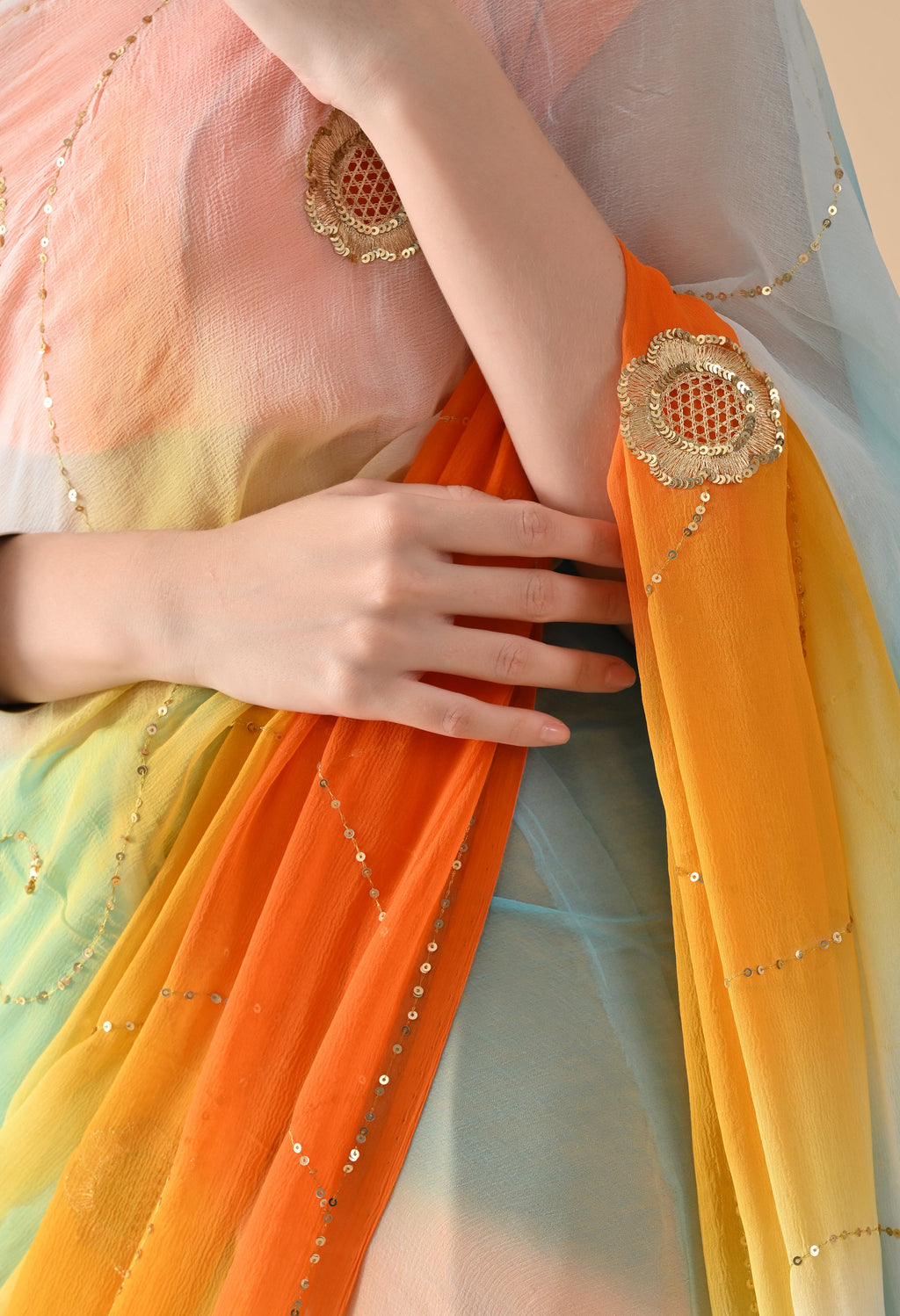 Blue Sun downer Tie & dye Sequin Diamond Chiffon saree for festive wear, trousseau saree, suitable for farewell saree, daily wear saree, party wear saree looks.