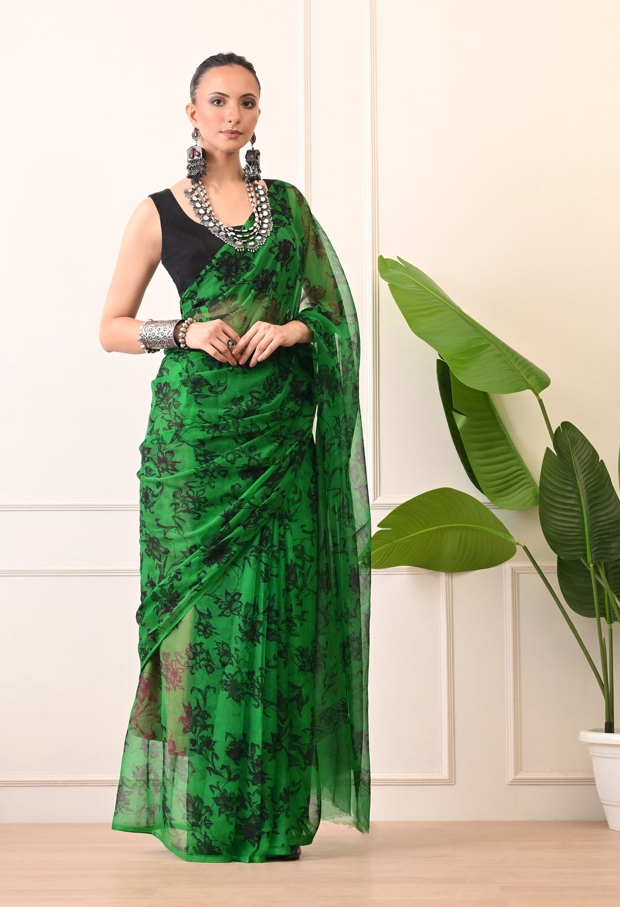 Printed Green Chiffon Saree