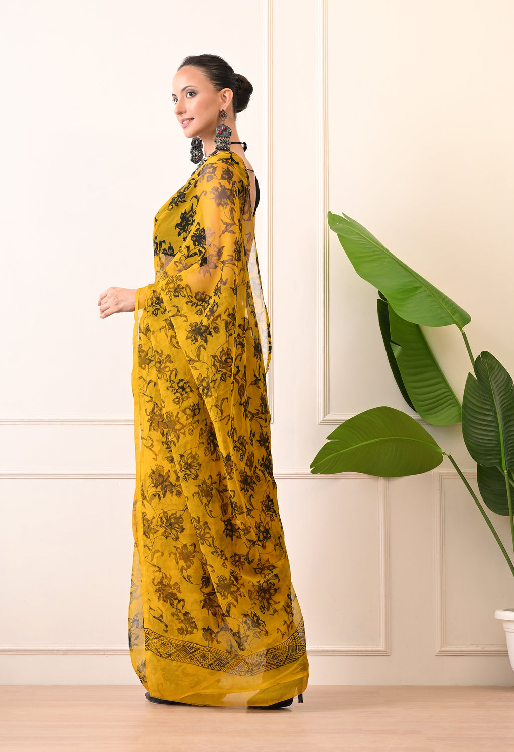 Printed Yellow Chiffon Saree