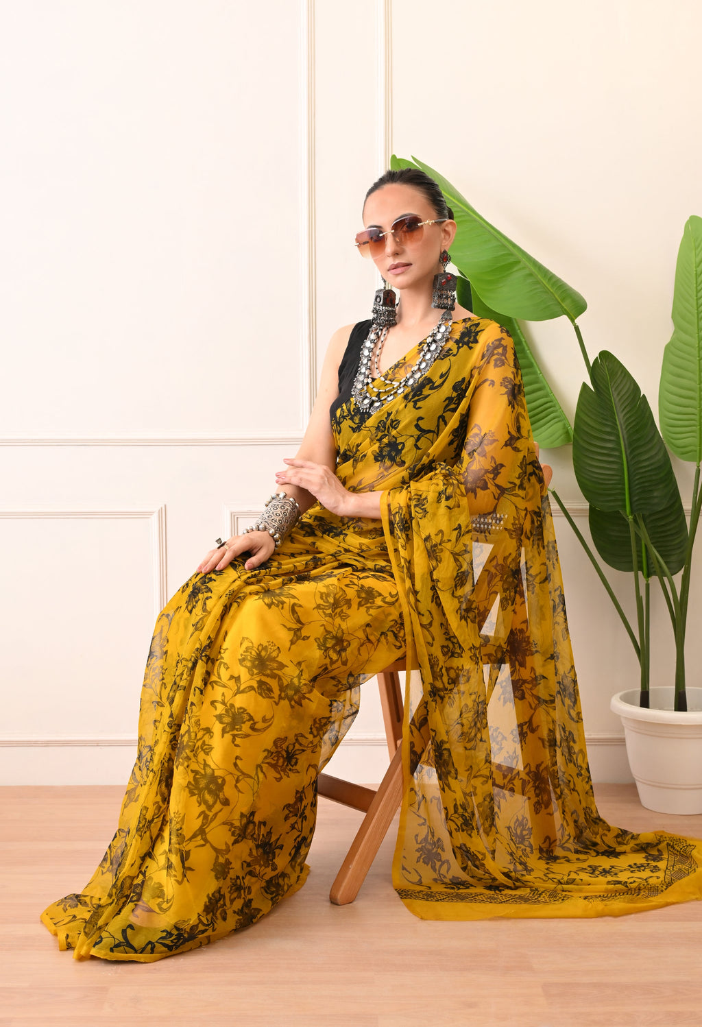 Printed Yellow Chiffon Saree