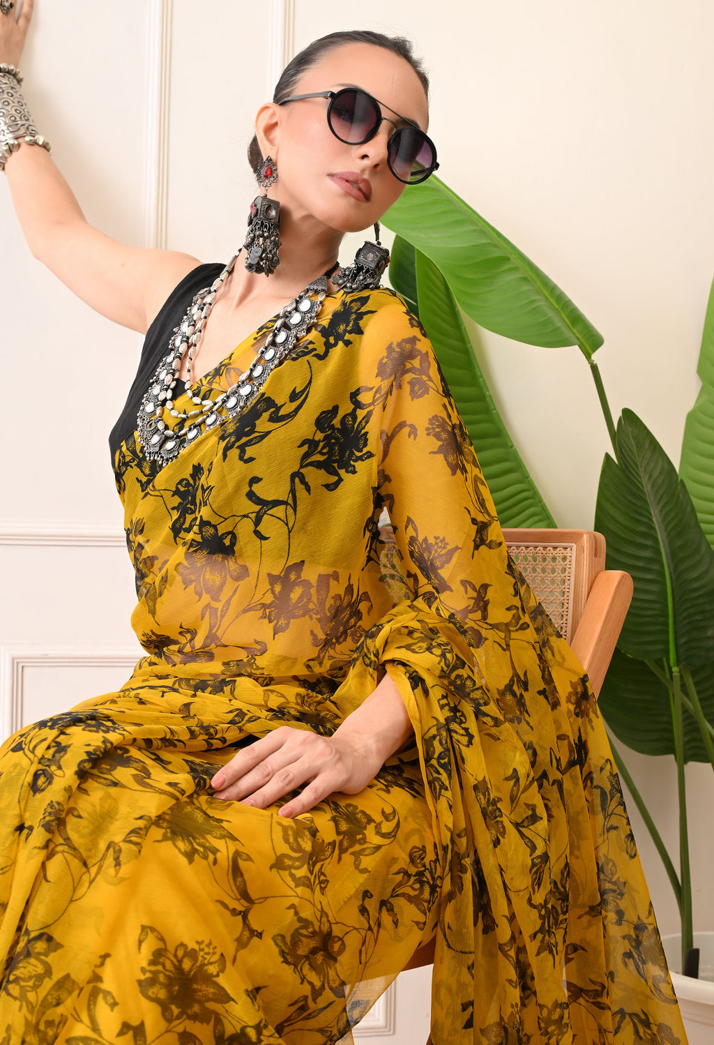 Printed Yellow Chiffon Saree