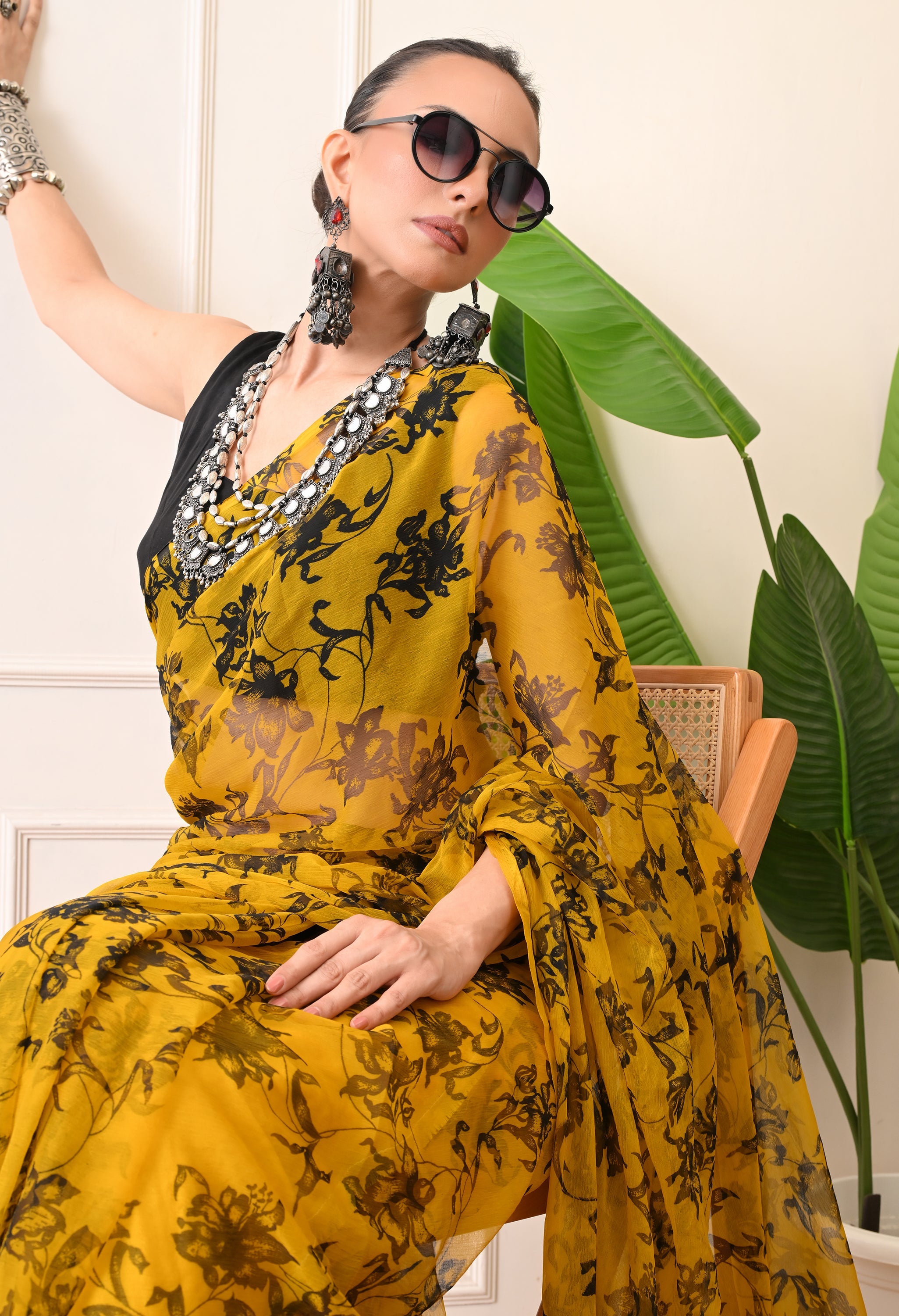 Printed Yellow Chiffon Saree