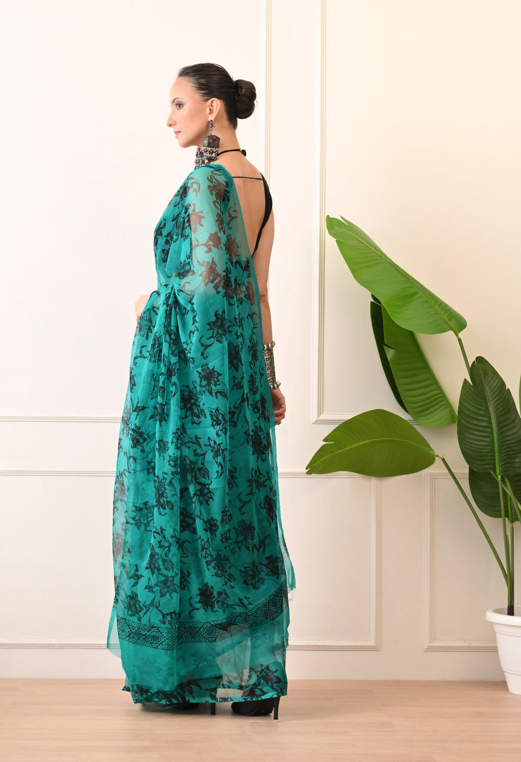 Printed Rama Chiffon Saree