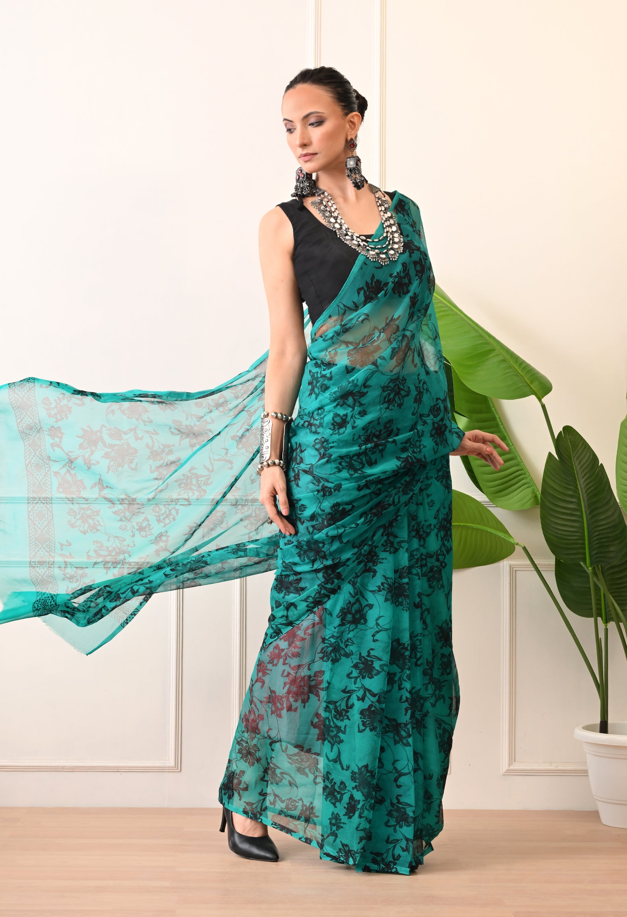 Printed Rama Chiffon Saree