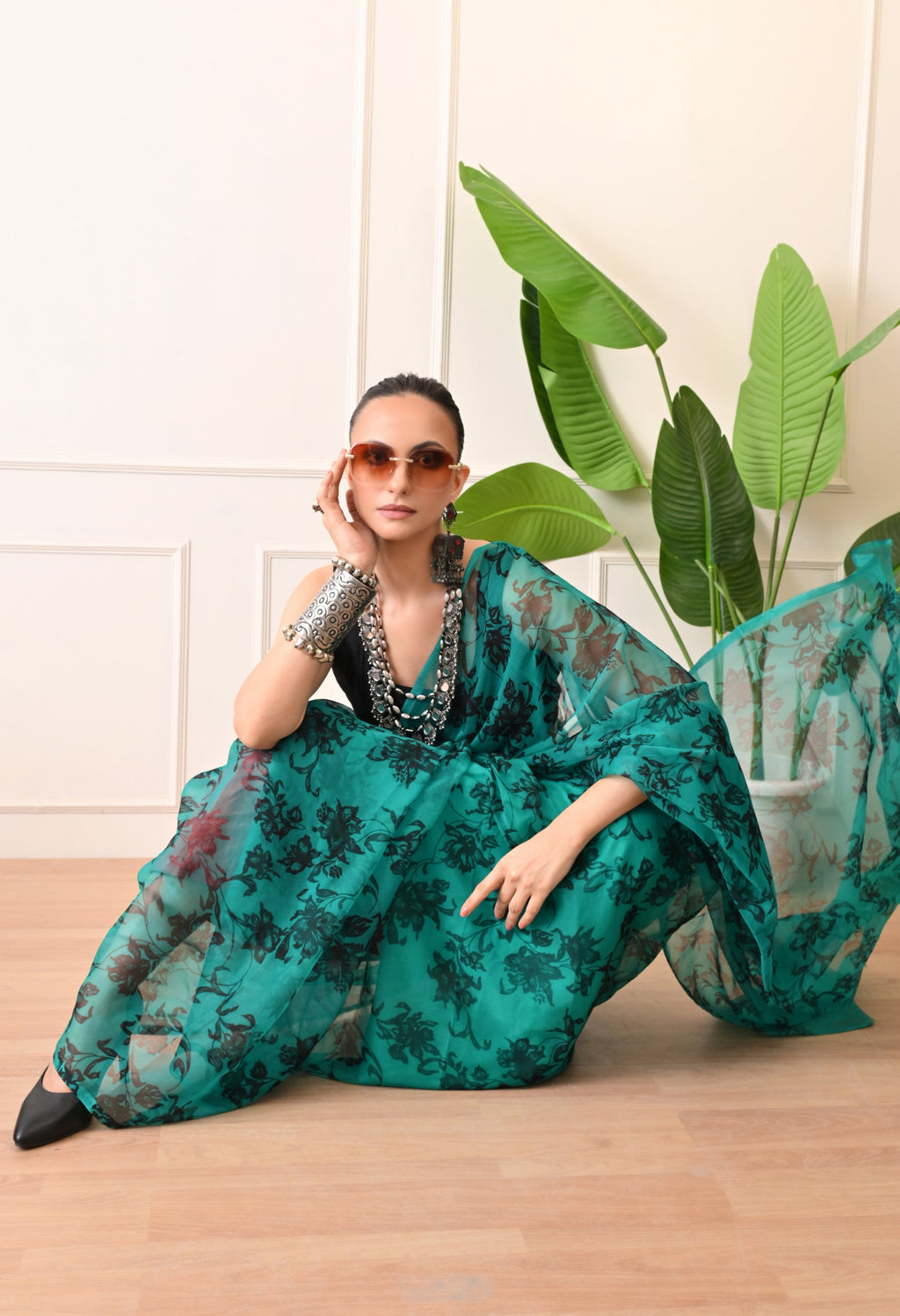 Printed Rama Chiffon Saree