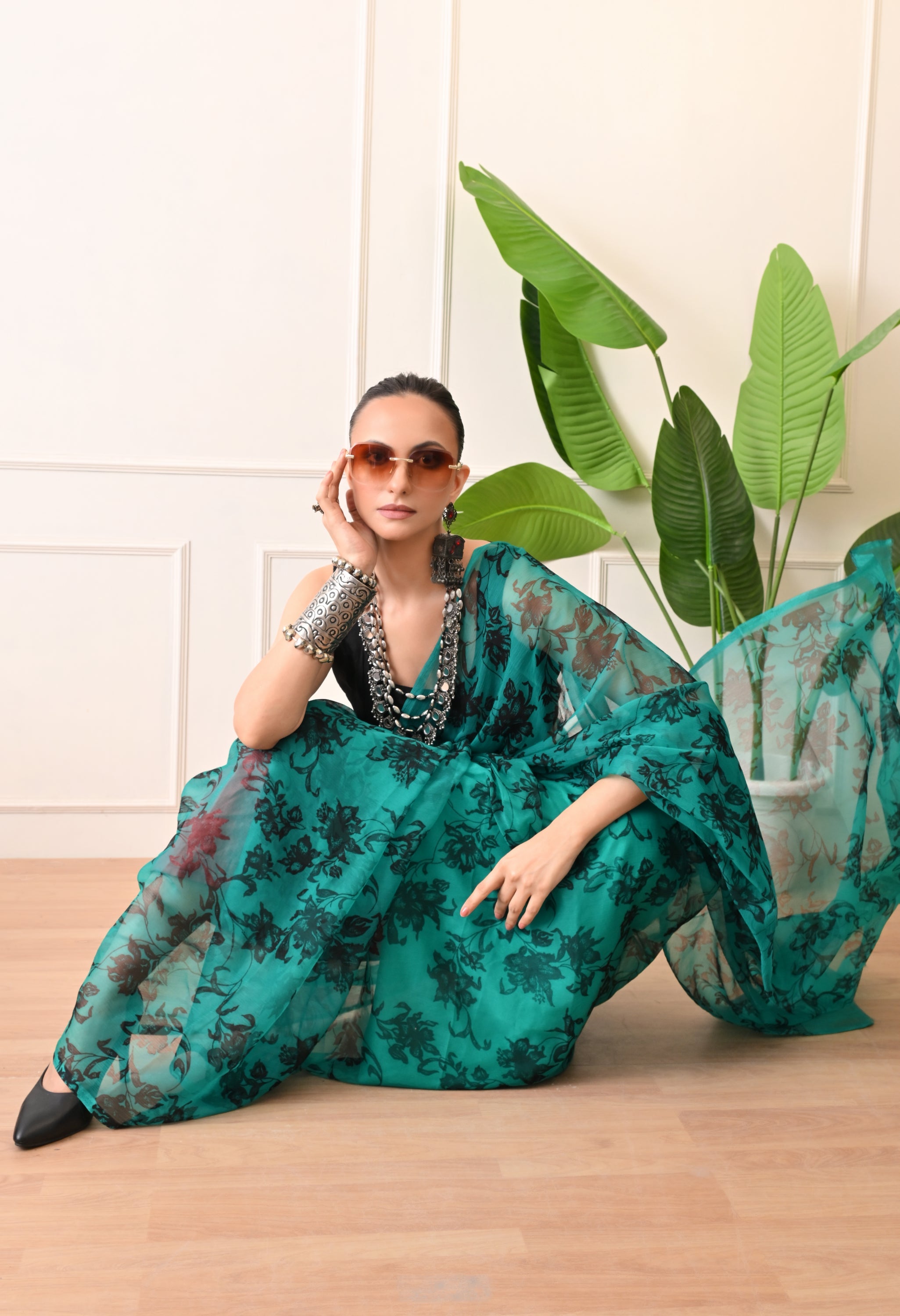 Printed Rama Chiffon Saree