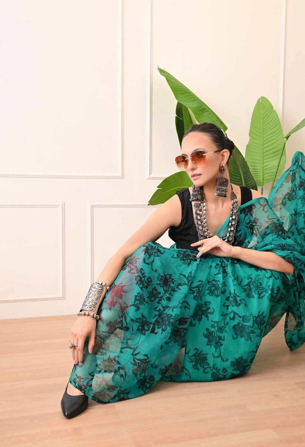 Printed Rama Chiffon Saree