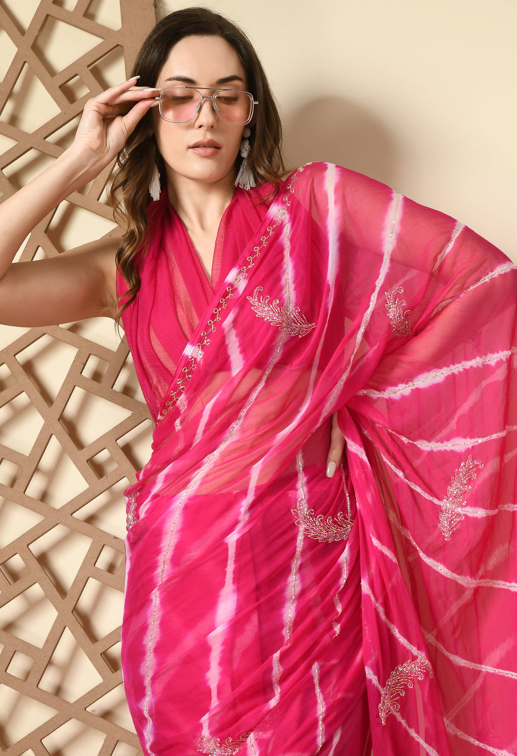 House of Chiffon chiffon gulabi rang leheriya saree crafted for casual saree elegance, festive wear, and pre-wedding collection must-haves.