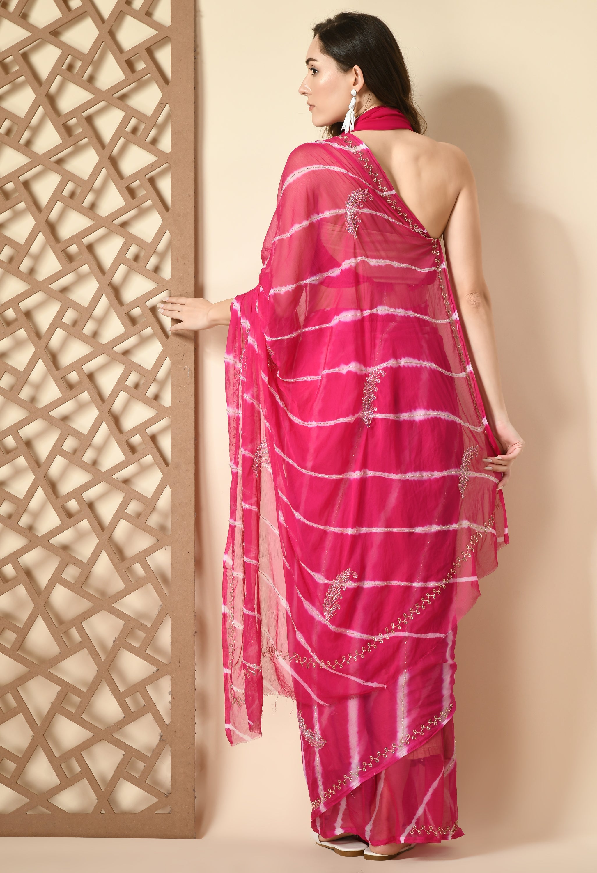 House of Chiffon chiffon gulabi rang leheriya saree crafted for casual saree elegance, festive wear, and pre-wedding collection must-haves.