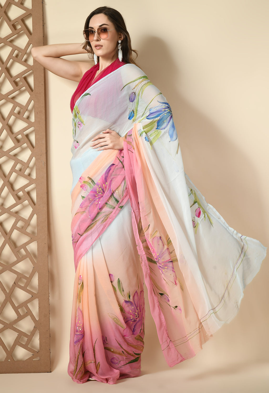 Alia Multi Hue Hand Painted Chiffon Saree
