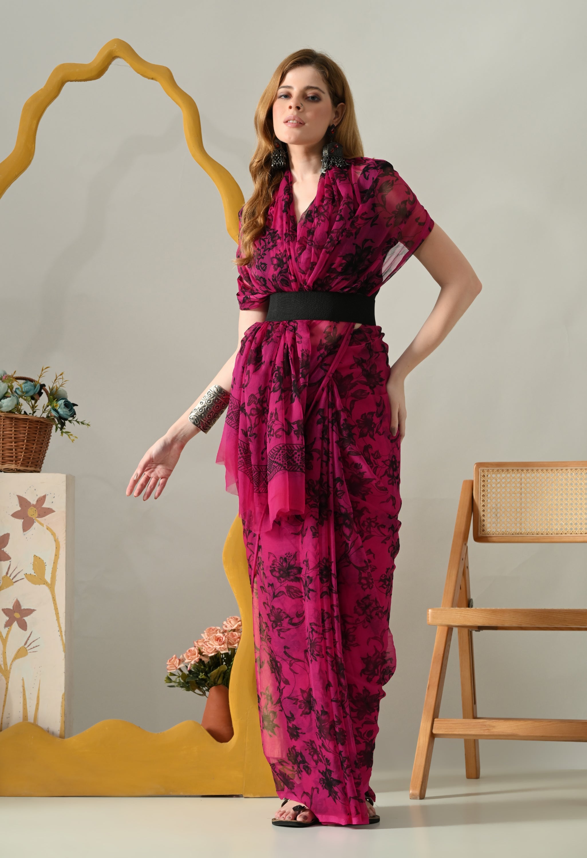 Printed Rani Pink Chiffon Saree