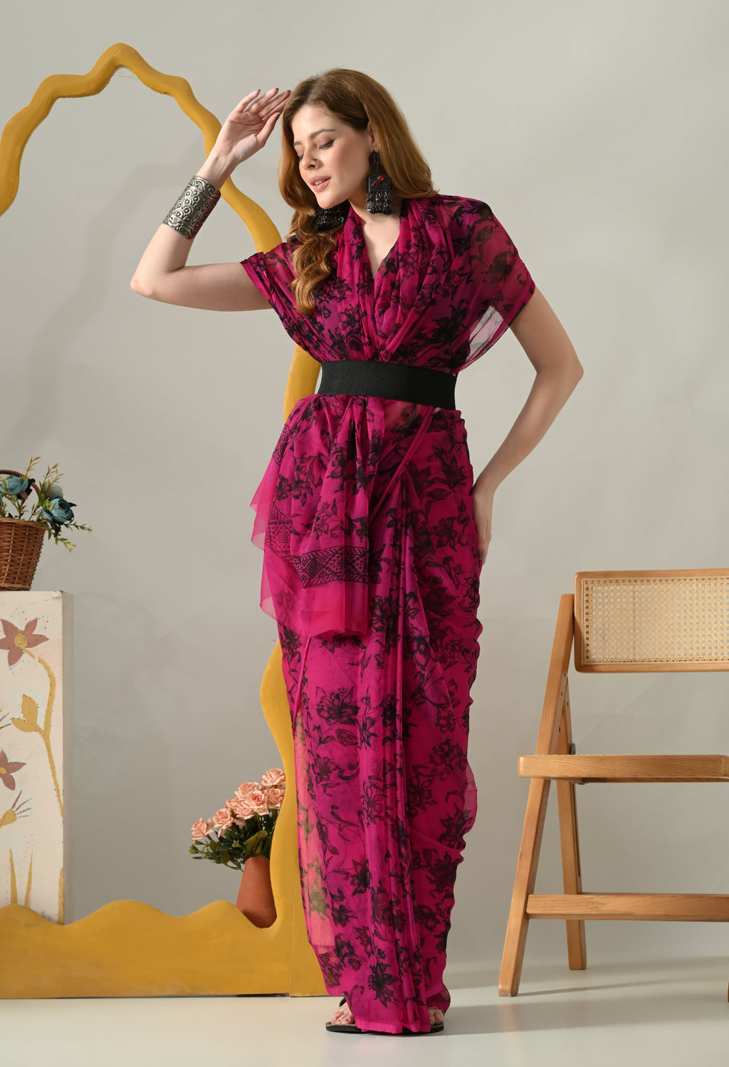 Printed Rani Pink Chiffon Saree