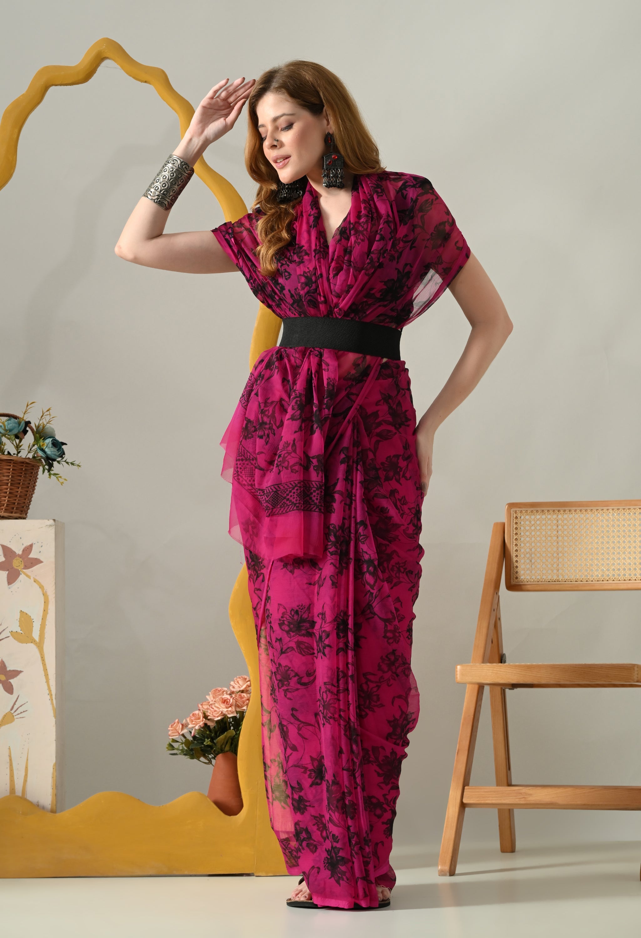 Printed Rani Pink Chiffon Saree