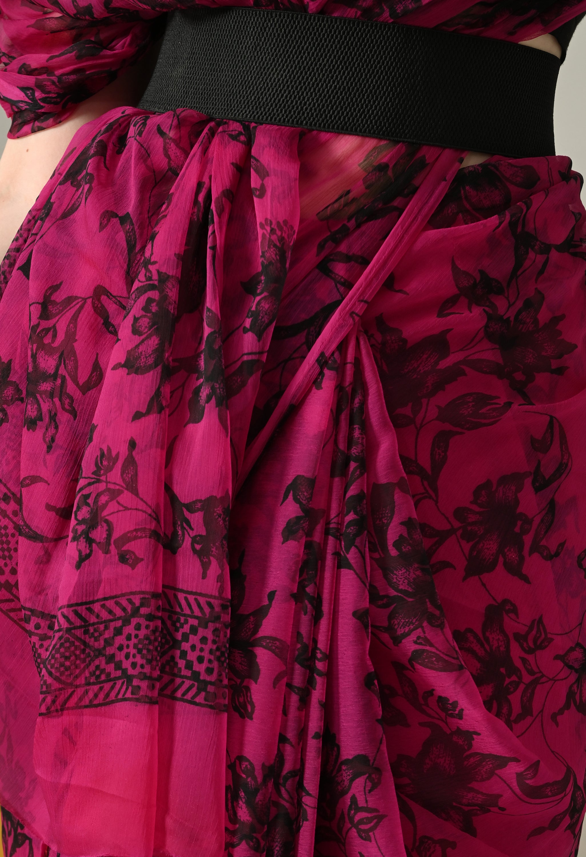 Printed Rani Pink Chiffon Saree